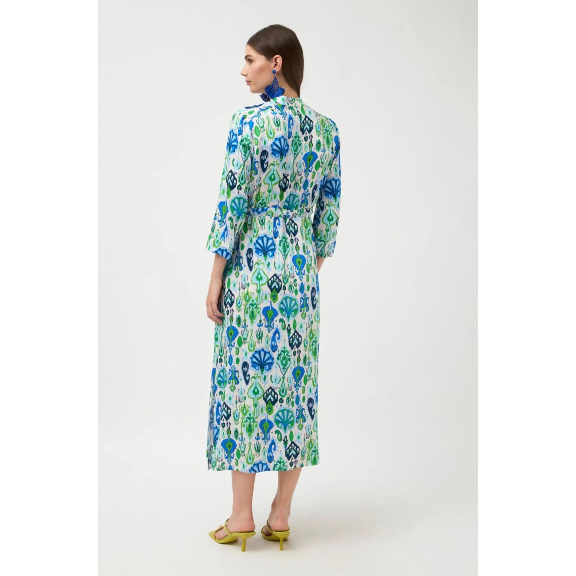 Tinta Style Ximena Watercolour Ikat Print Drawstring Waist Dress White/blue/green