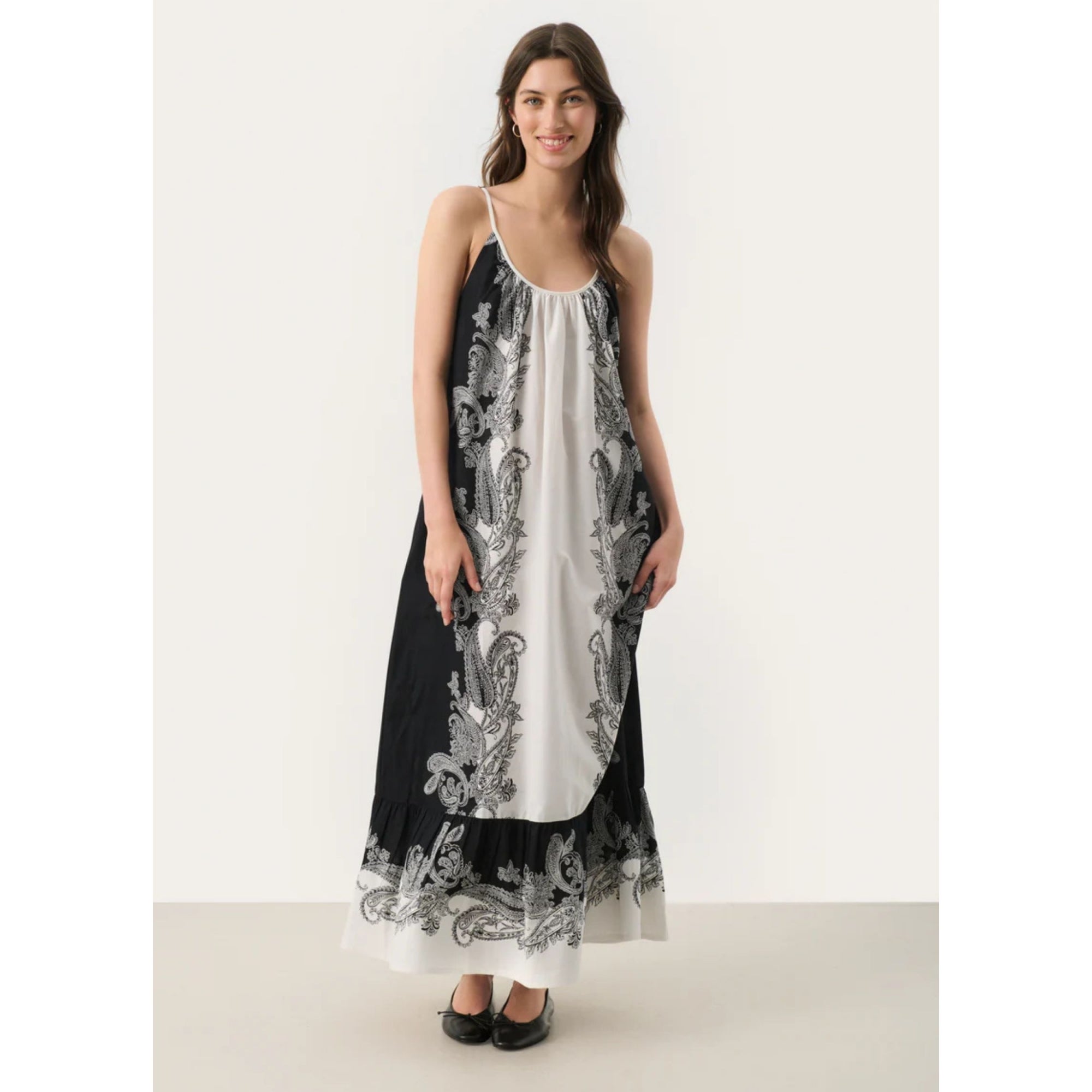 Part Two Radella Scoop Neck Two Tone Paisley A Line Strappy Dress Black/ecru