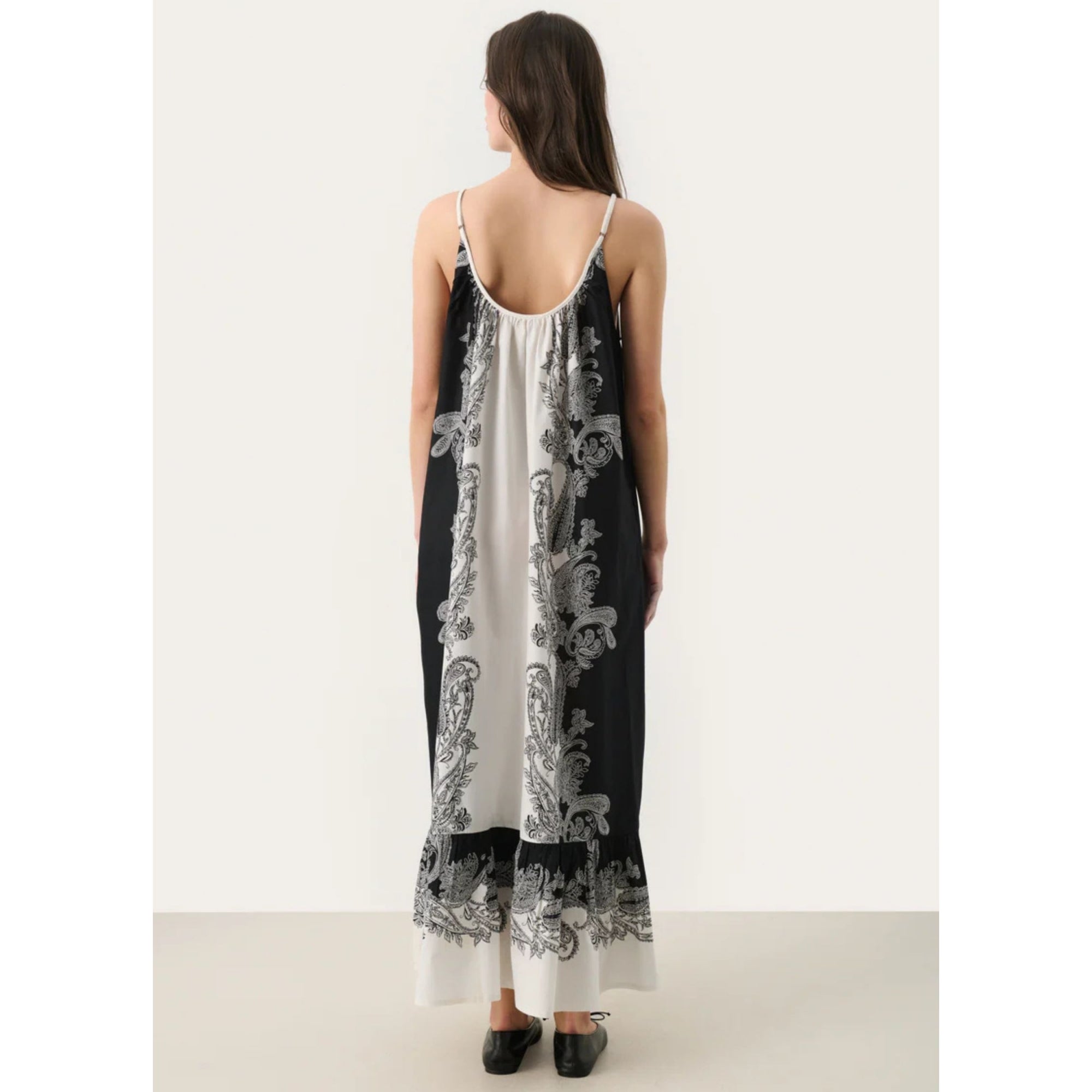 Part Two Radella Scoop Neck Two Tone Paisley A Line Strappy Dress Black/ecru