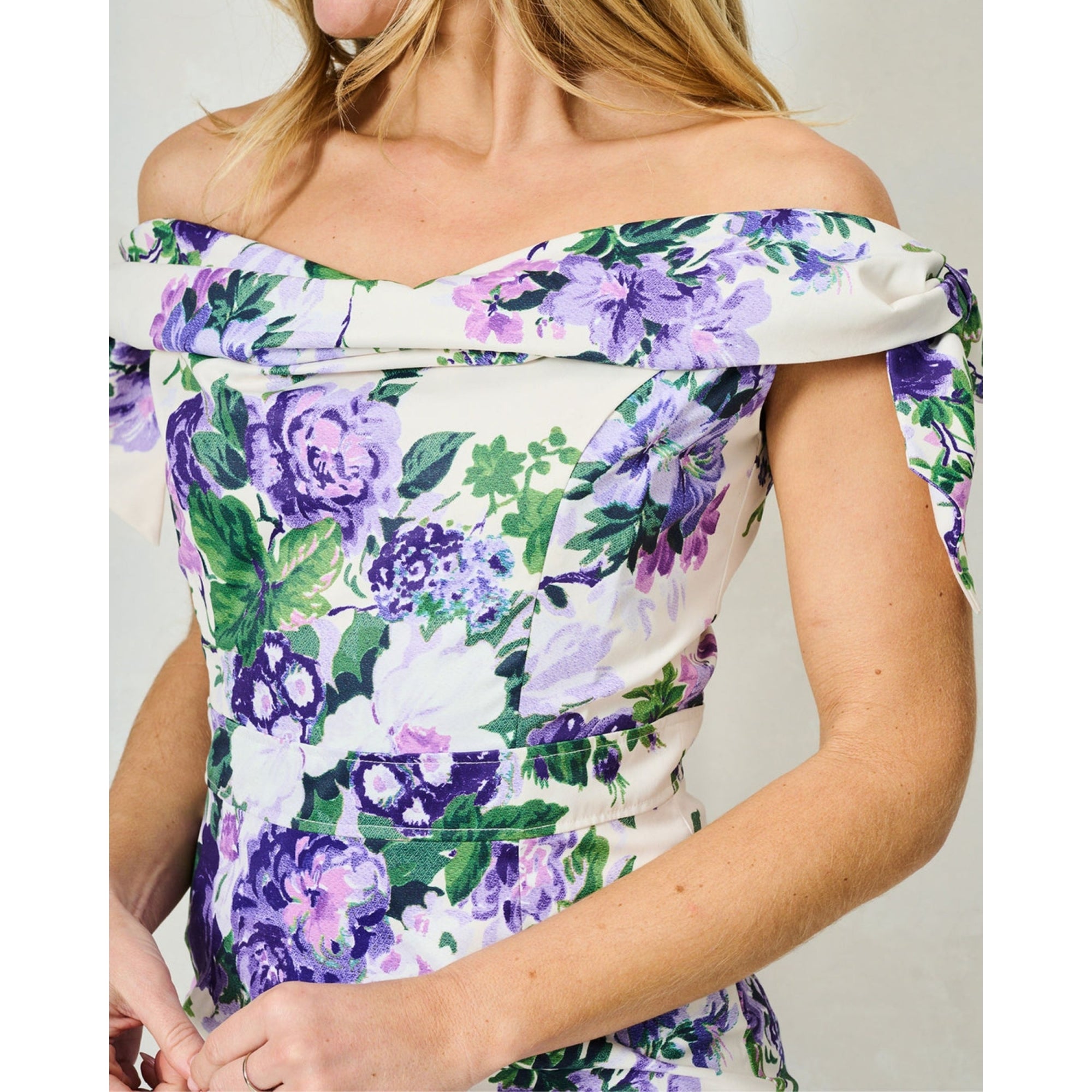 Hope And Ivy Suzette Tie Shoulder Bardot Midi Floral Pencil Dress Cream/purple