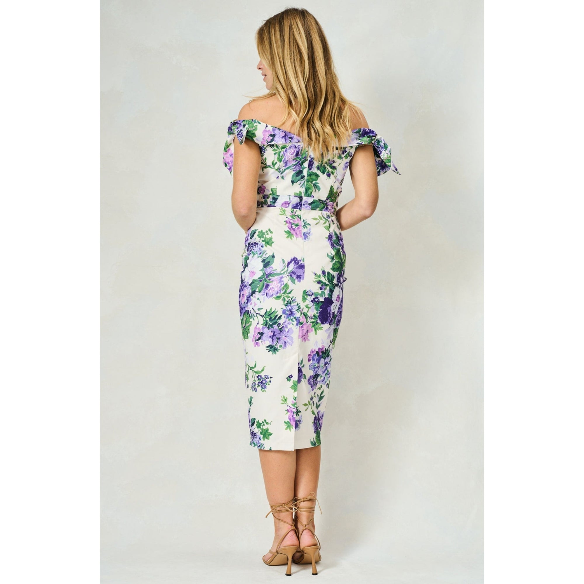 Hope And Ivy Suzette Tie Shoulder Bardot Midi Floral Pencil Dress Cream/purple