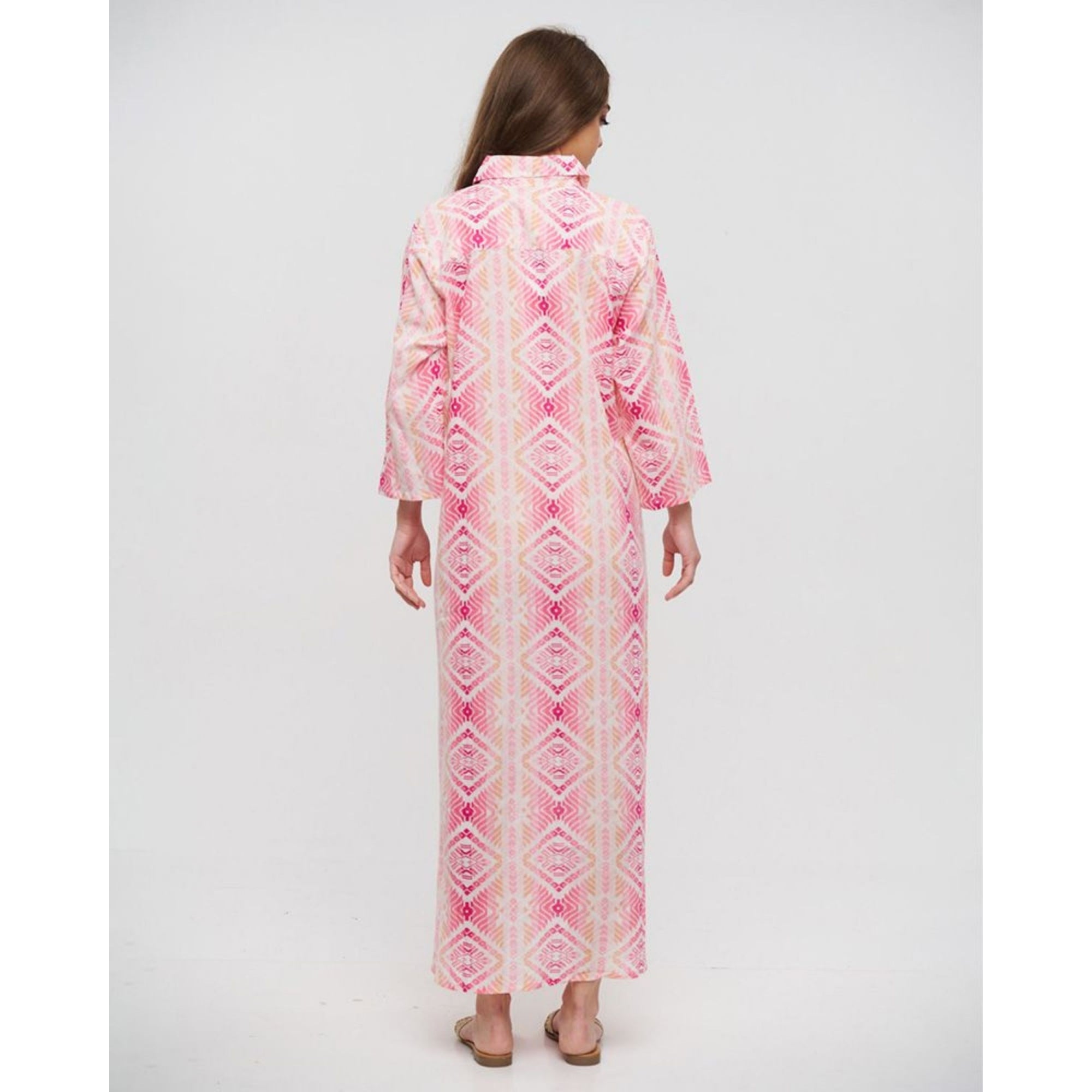 Ble Loose Bodied Ikat Print Cotton Shirt Dress Pink/peach