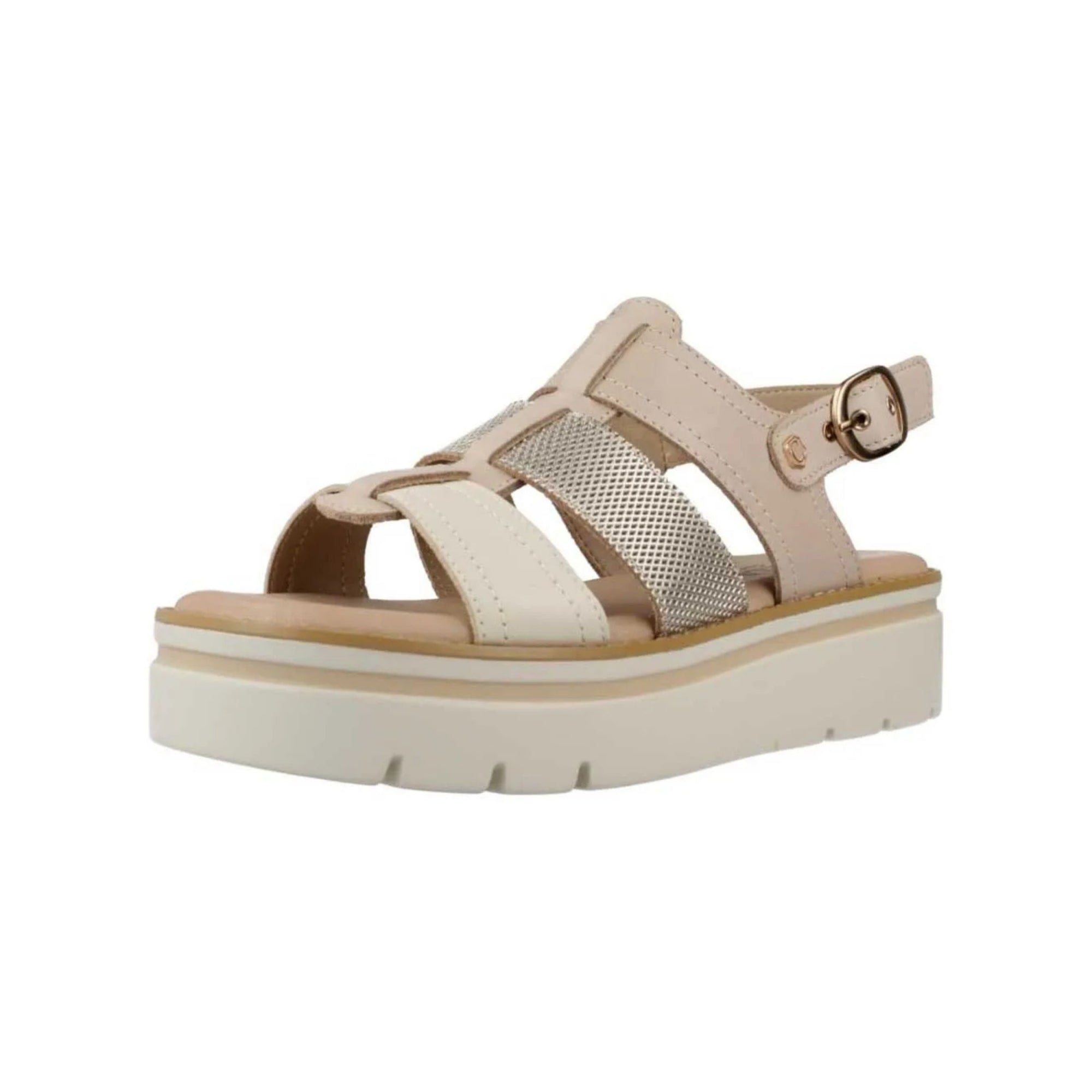 Carmela Triple Strap Leather Sling Back Flatforms Beige