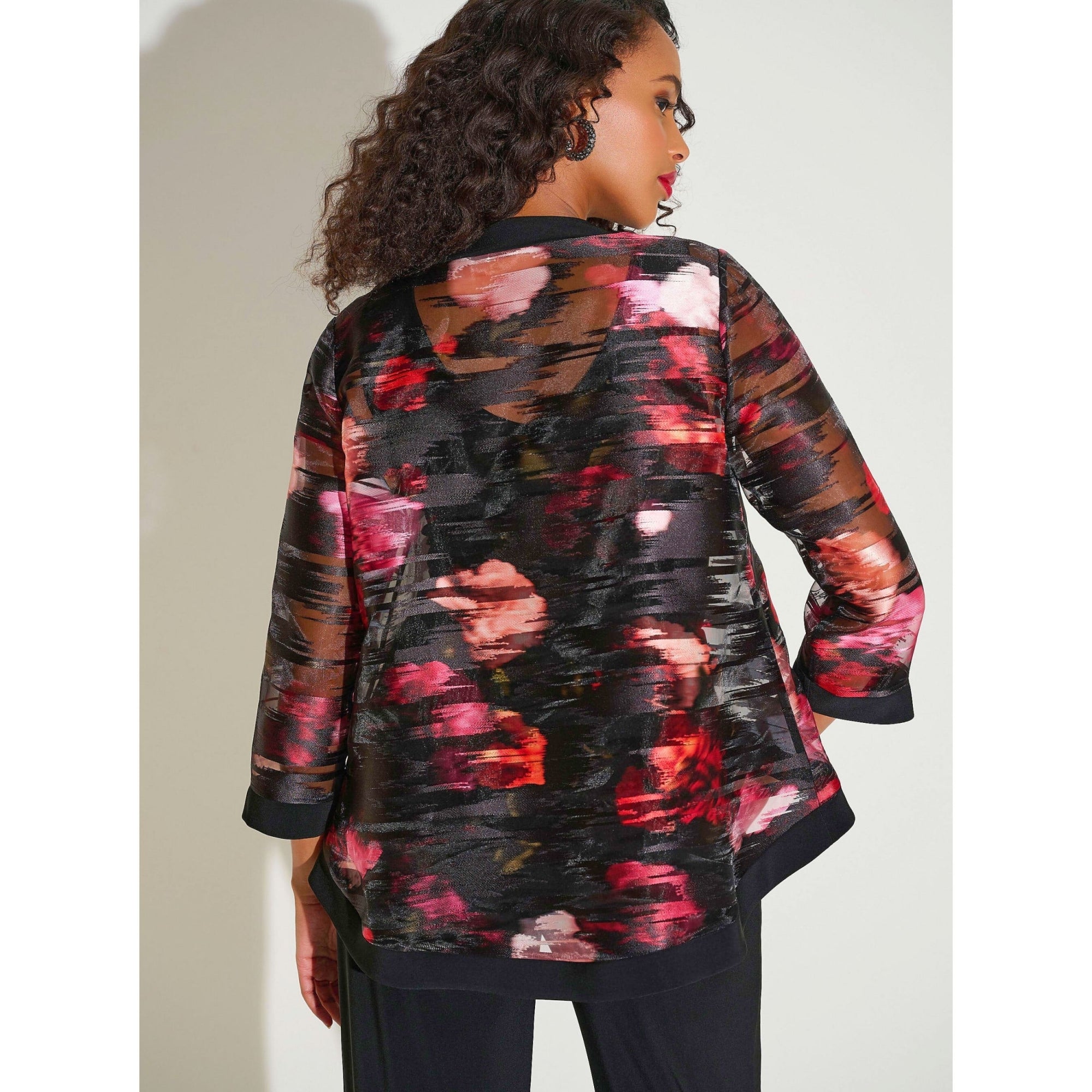 Joseph Ribkoff Signature Organza & Silky Knit Floral Swing Jacket Black/pink 178