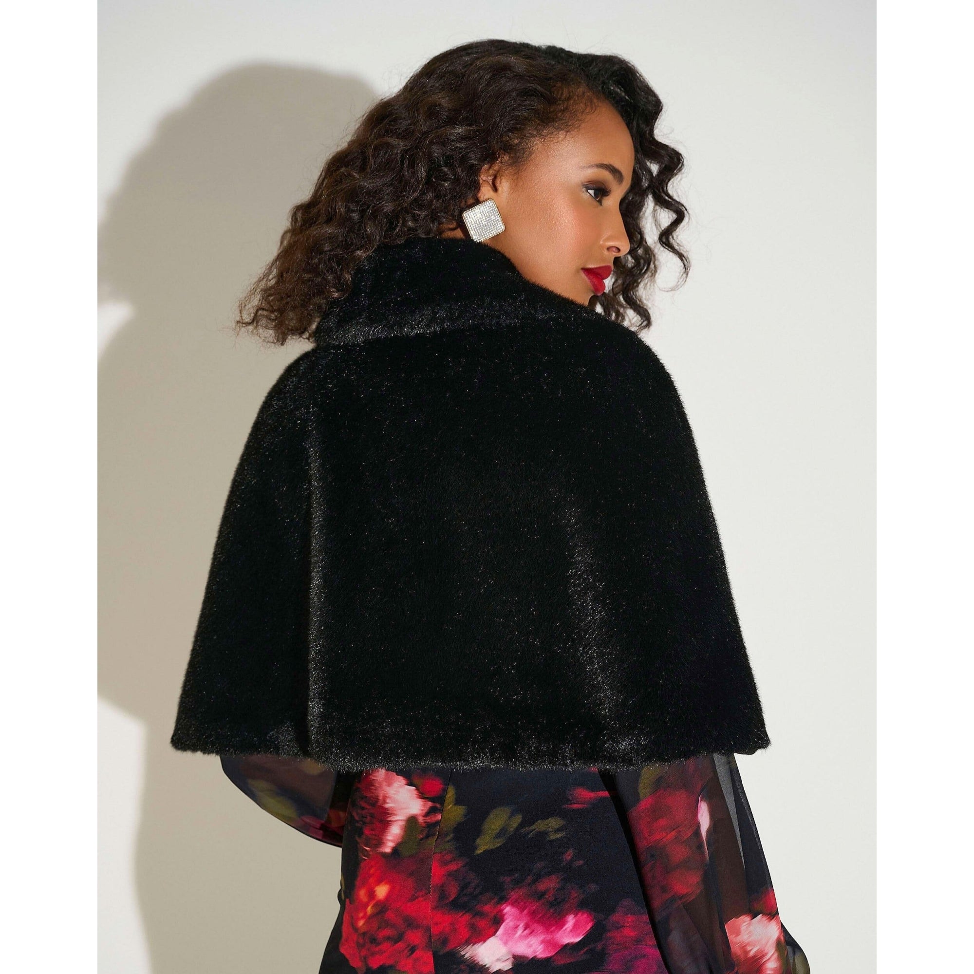 Joseph Ribkoff Faux Fur Cropped Cape With Detachable Brooch Black