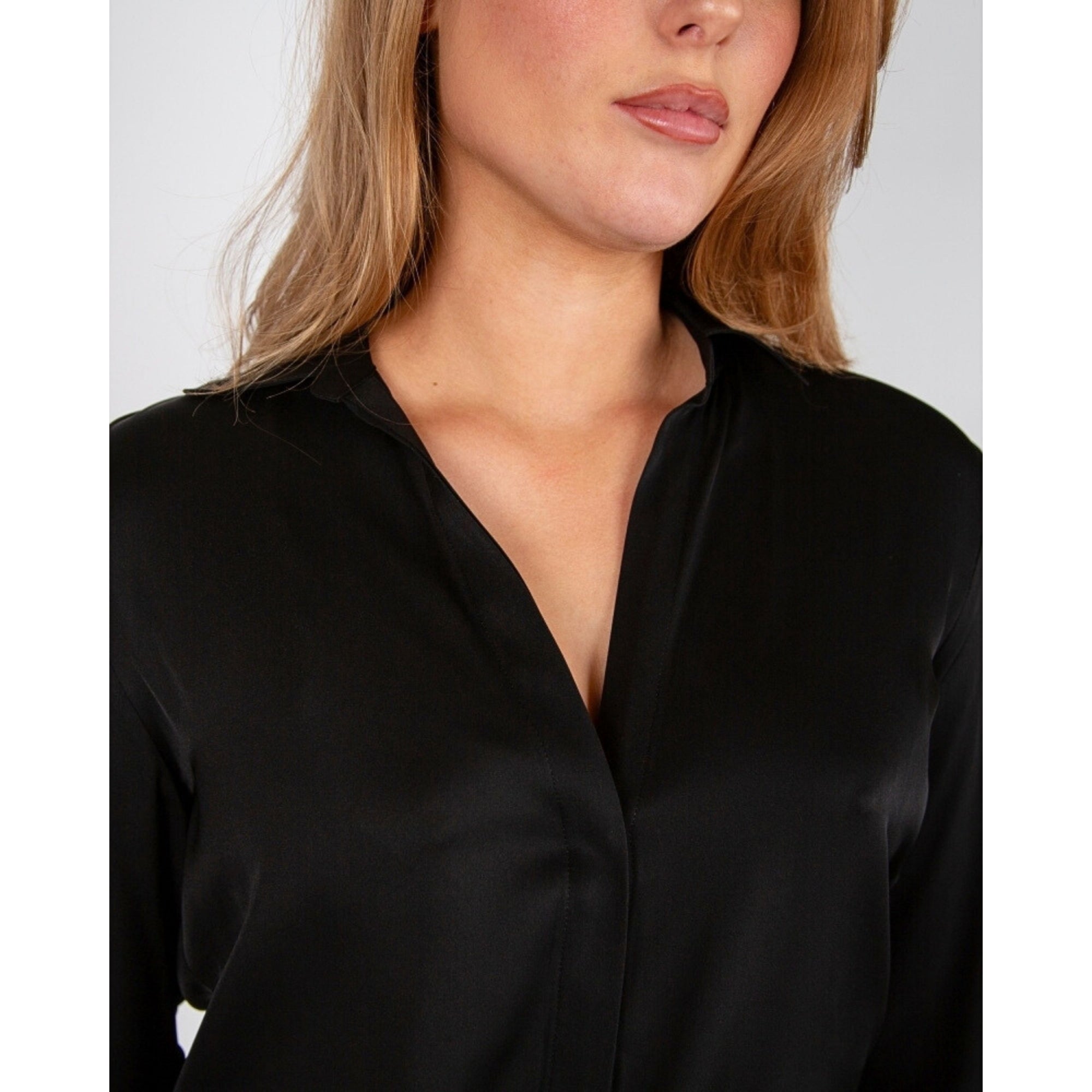 Silk95 Thai Silk Shirt Blouse With Tie Hem Black