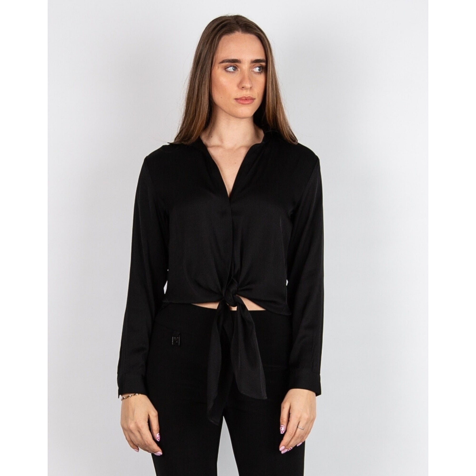 Silk95 Thai Silk Shirt Blouse With Tie Hem Black