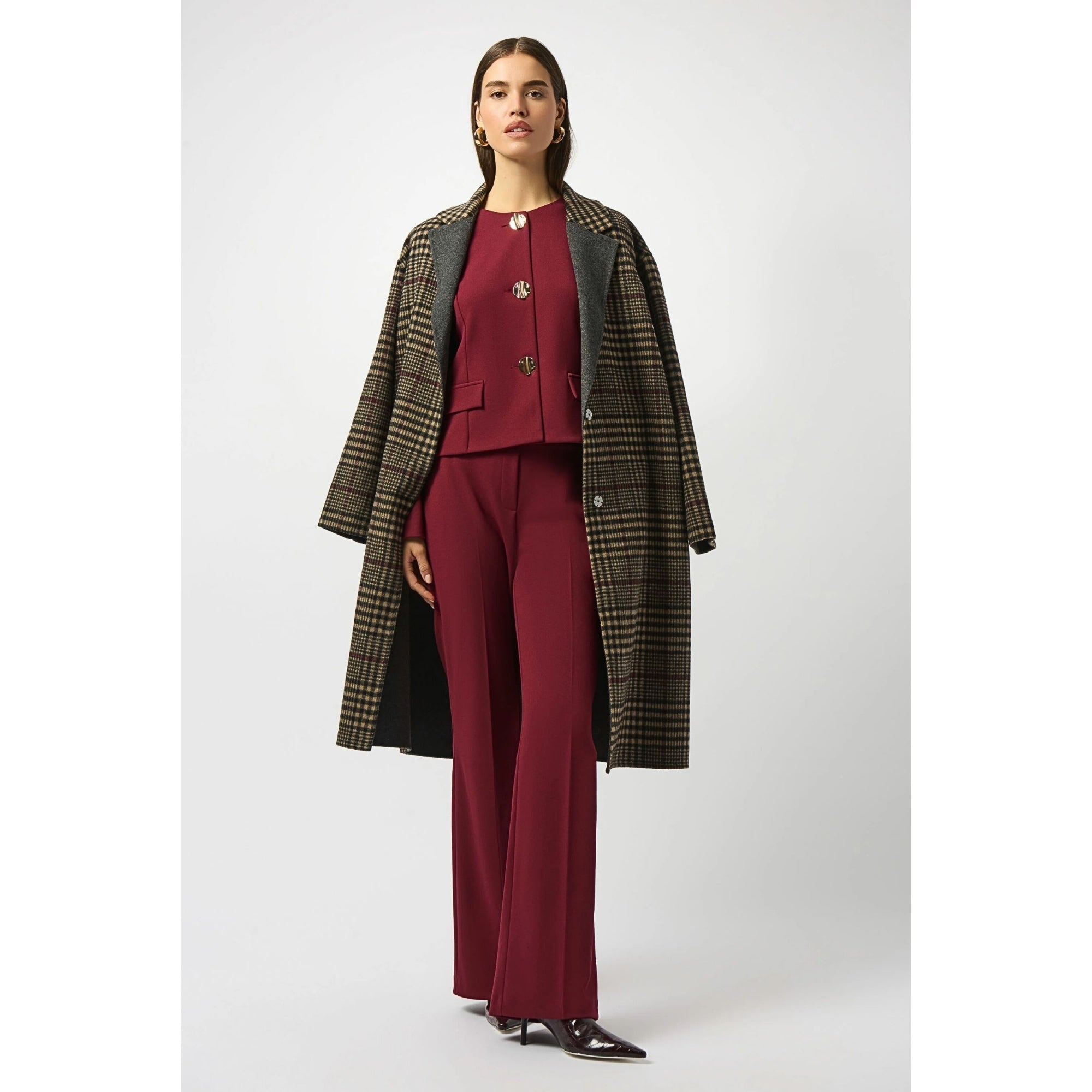 Joseph Ribkoff Check Wool Coat With Contrast Lining Grey/beige