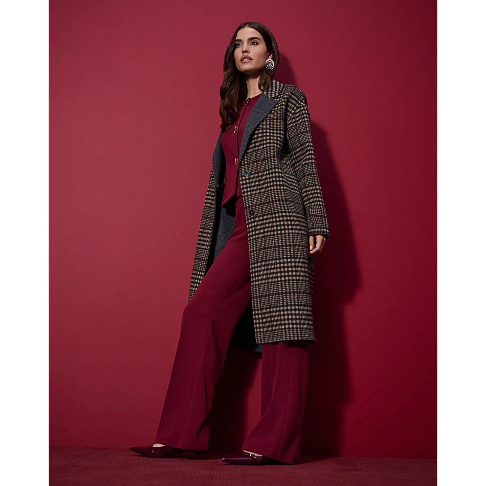 Joseph Ribkoff Check Wool Coat With Contrast Lining Grey/beige