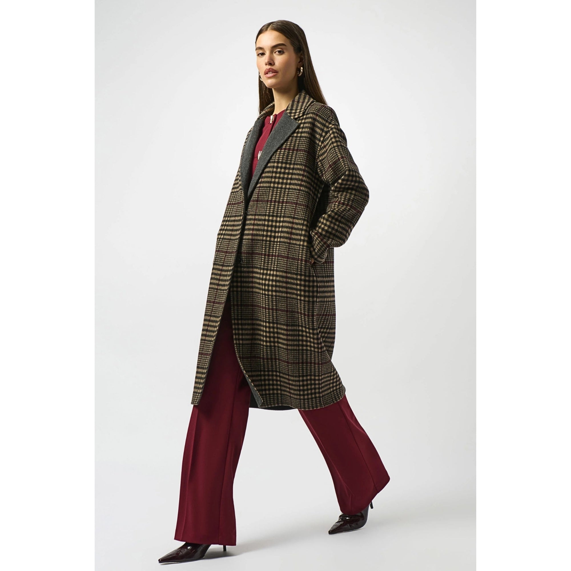 Joseph Ribkoff Check Wool Coat With Contrast Lining Grey/beige