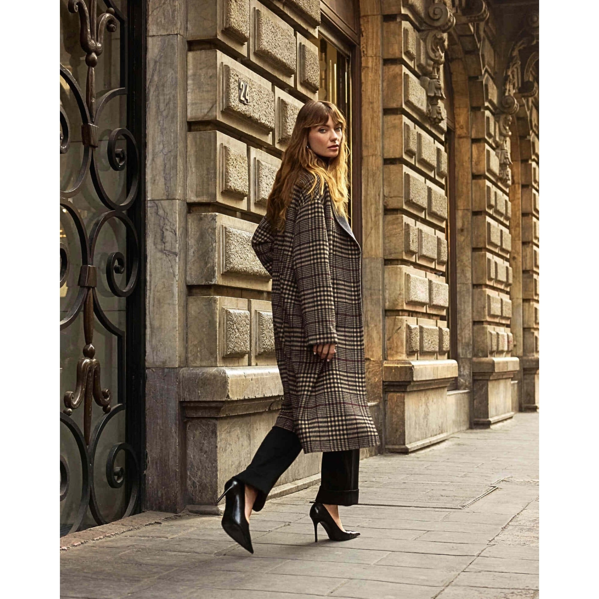 Joseph Ribkoff Check Wool Coat With Contrast Lining Grey/beige