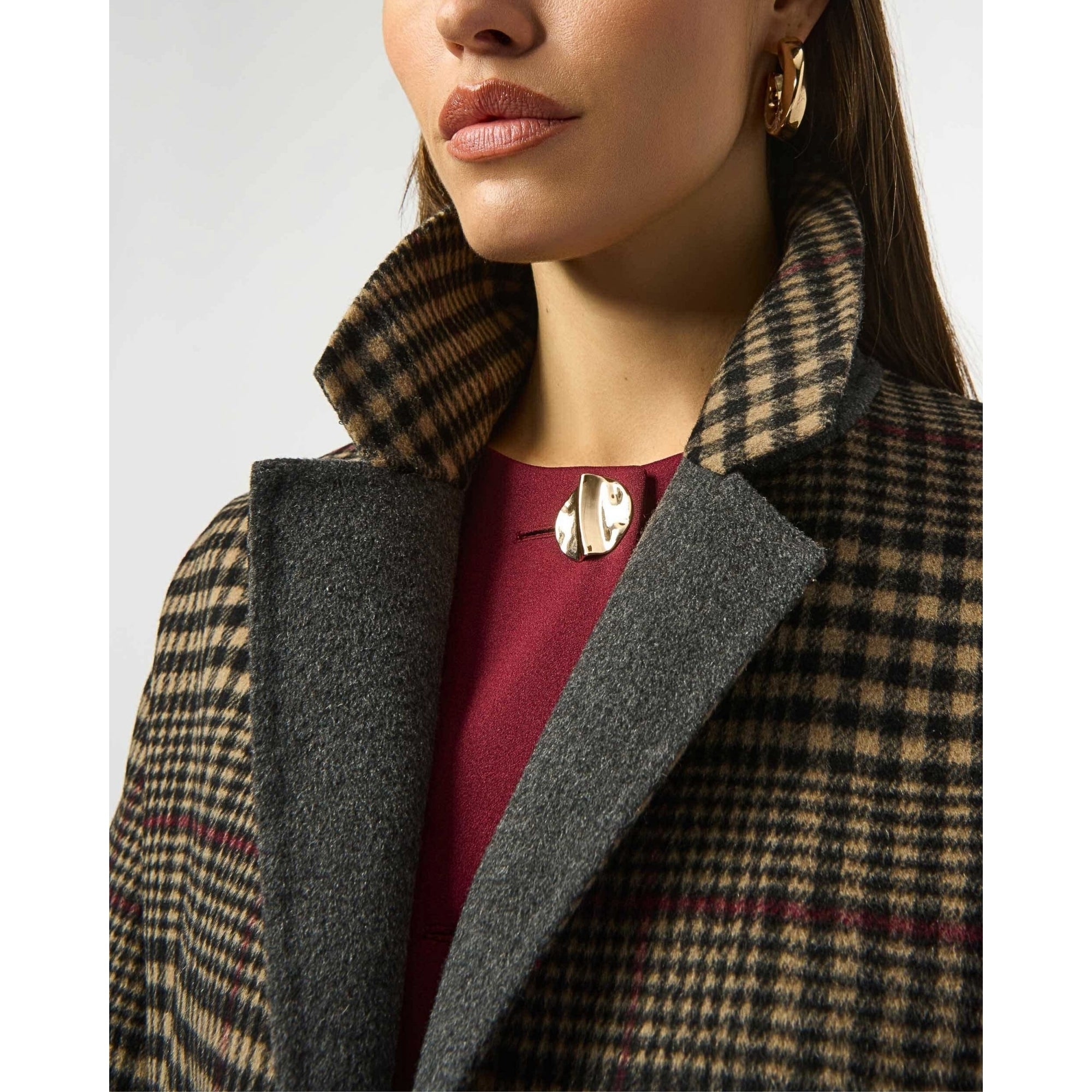 Joseph Ribkoff Check Wool Coat With Contrast Lining Grey/beige