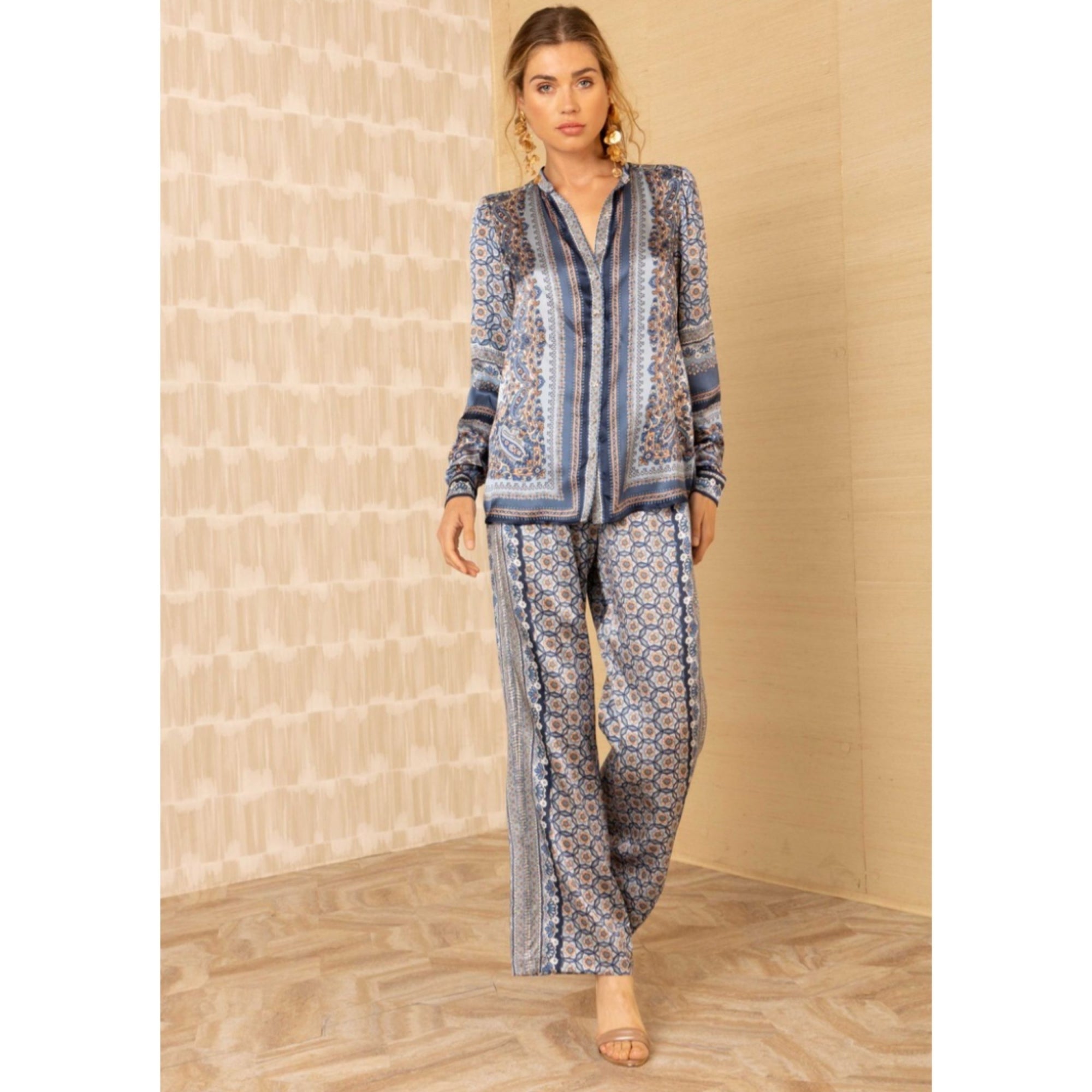 Hale Bob Paisley Print Collarless Silk Blouse Blue