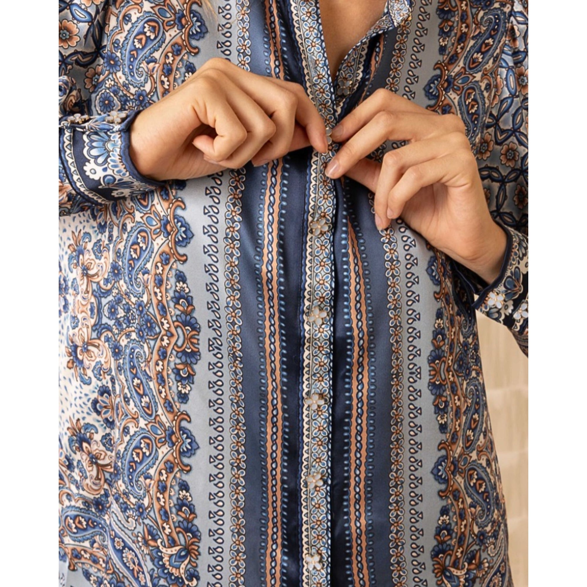 Hale Bob Paisley Print Collarless Silk Blouse Blue