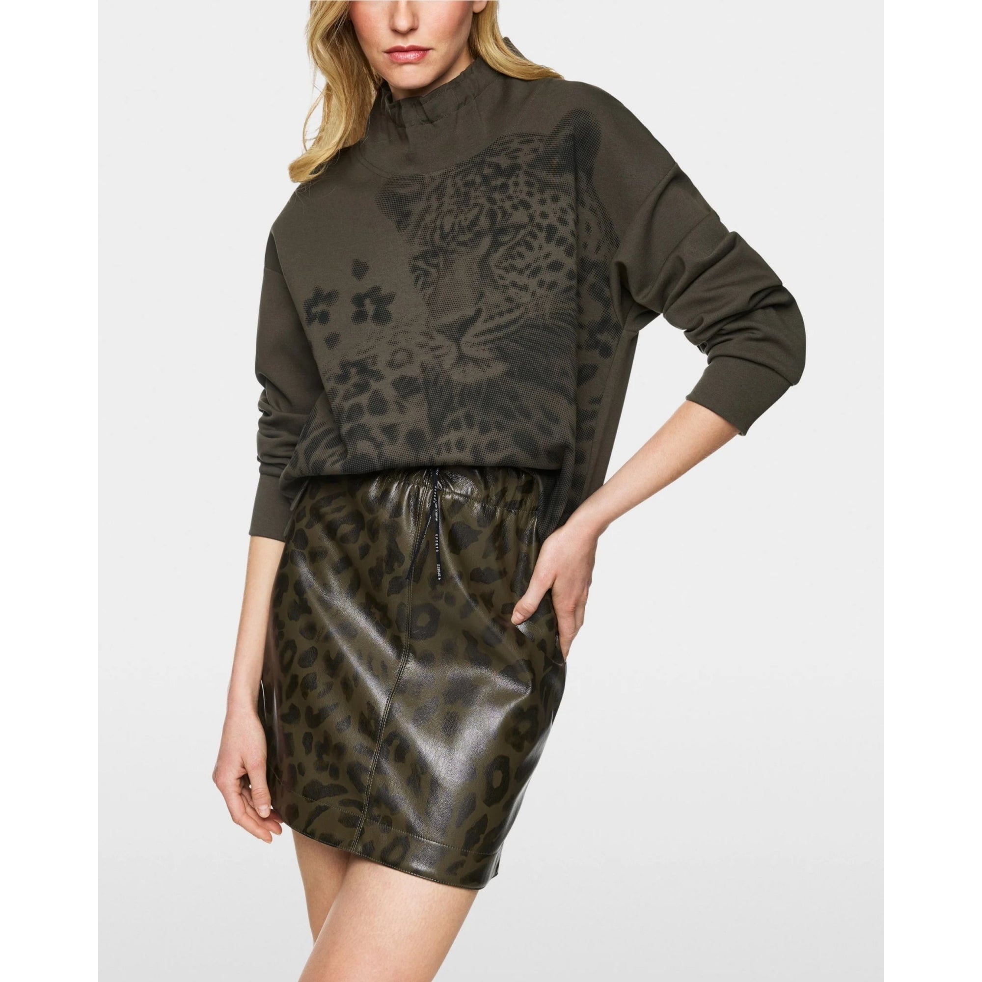 Marc Cain Leo Hike High Neck Leopard Print Front Jumper Khaki