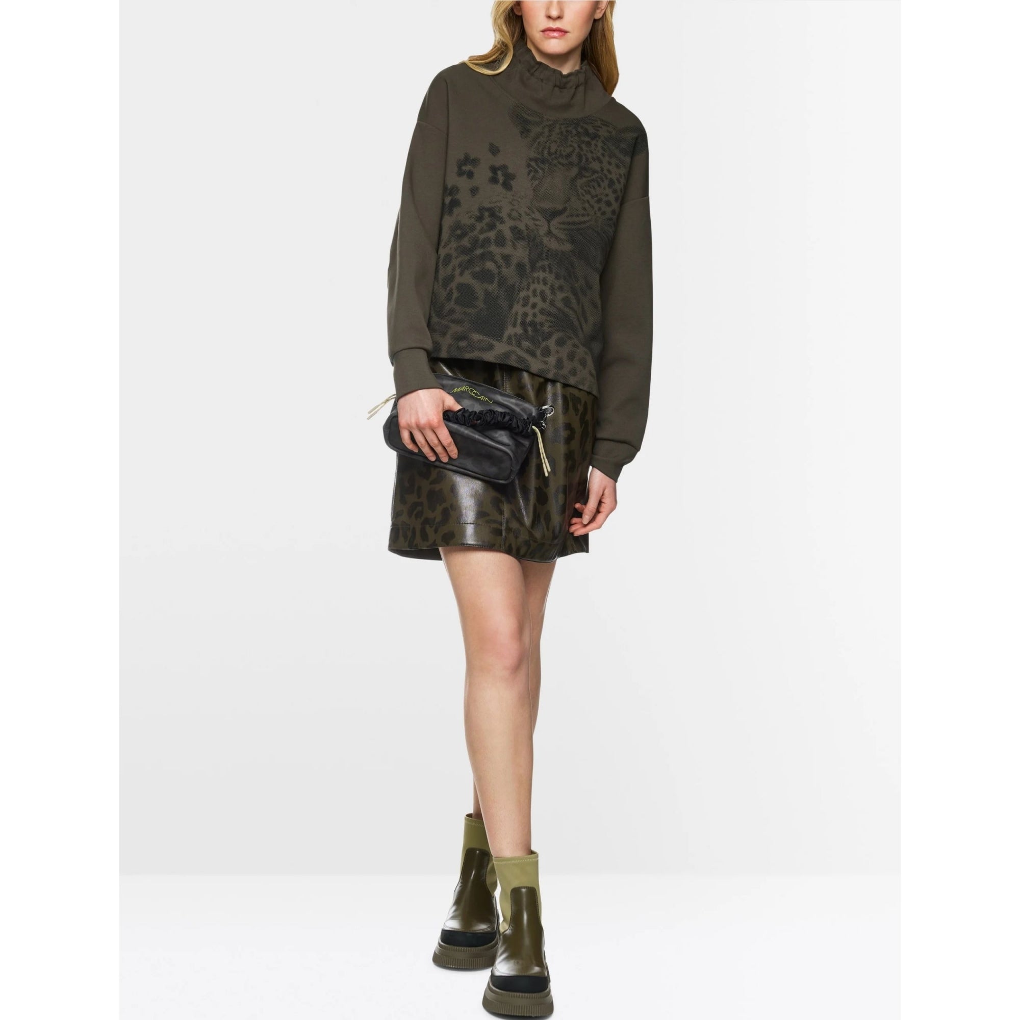 Marc Cain Leo Hike High Neck Leopard Print Front Jumper Khaki