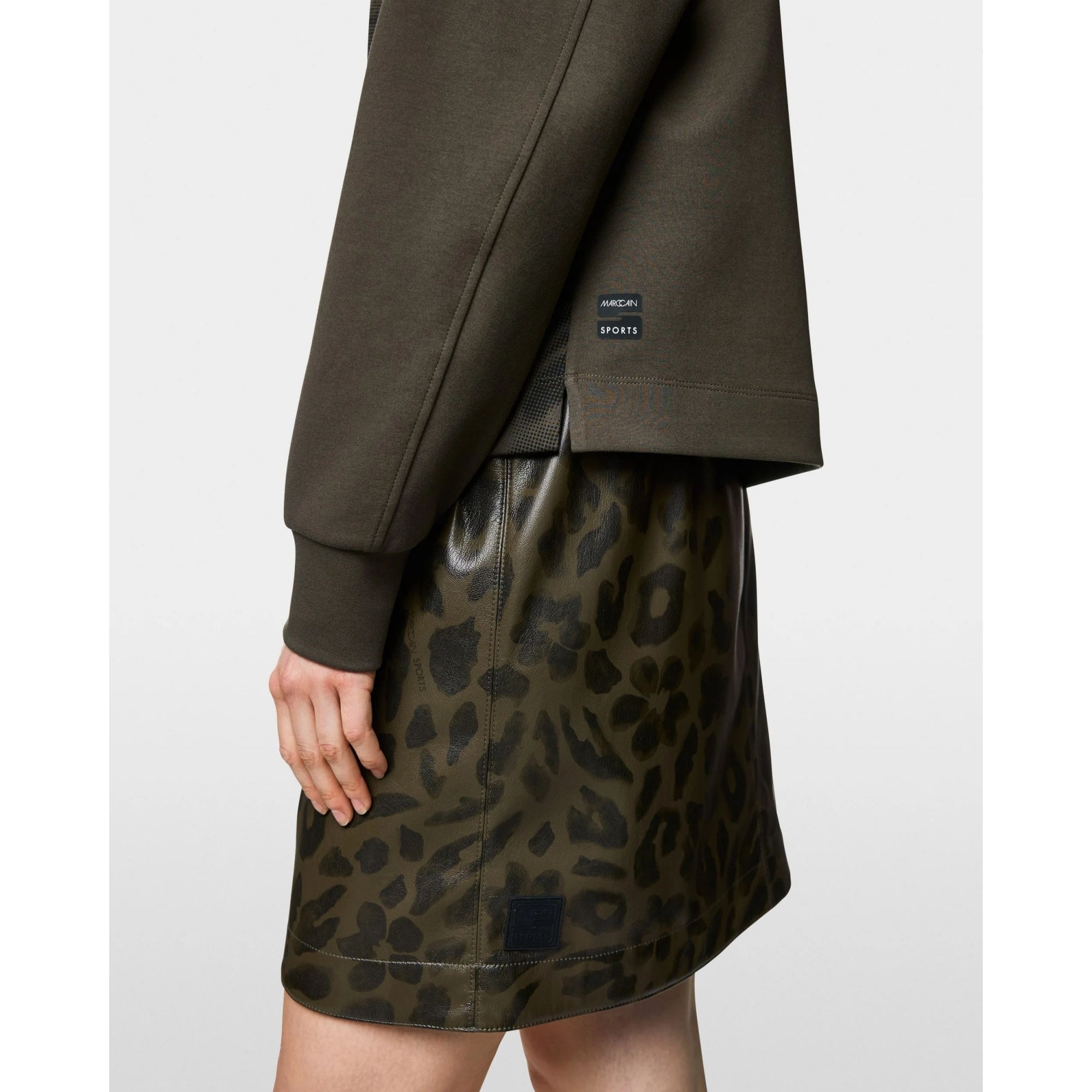 Marc Cain Leo Hike High Neck Leopard Print Front Jumper Khaki