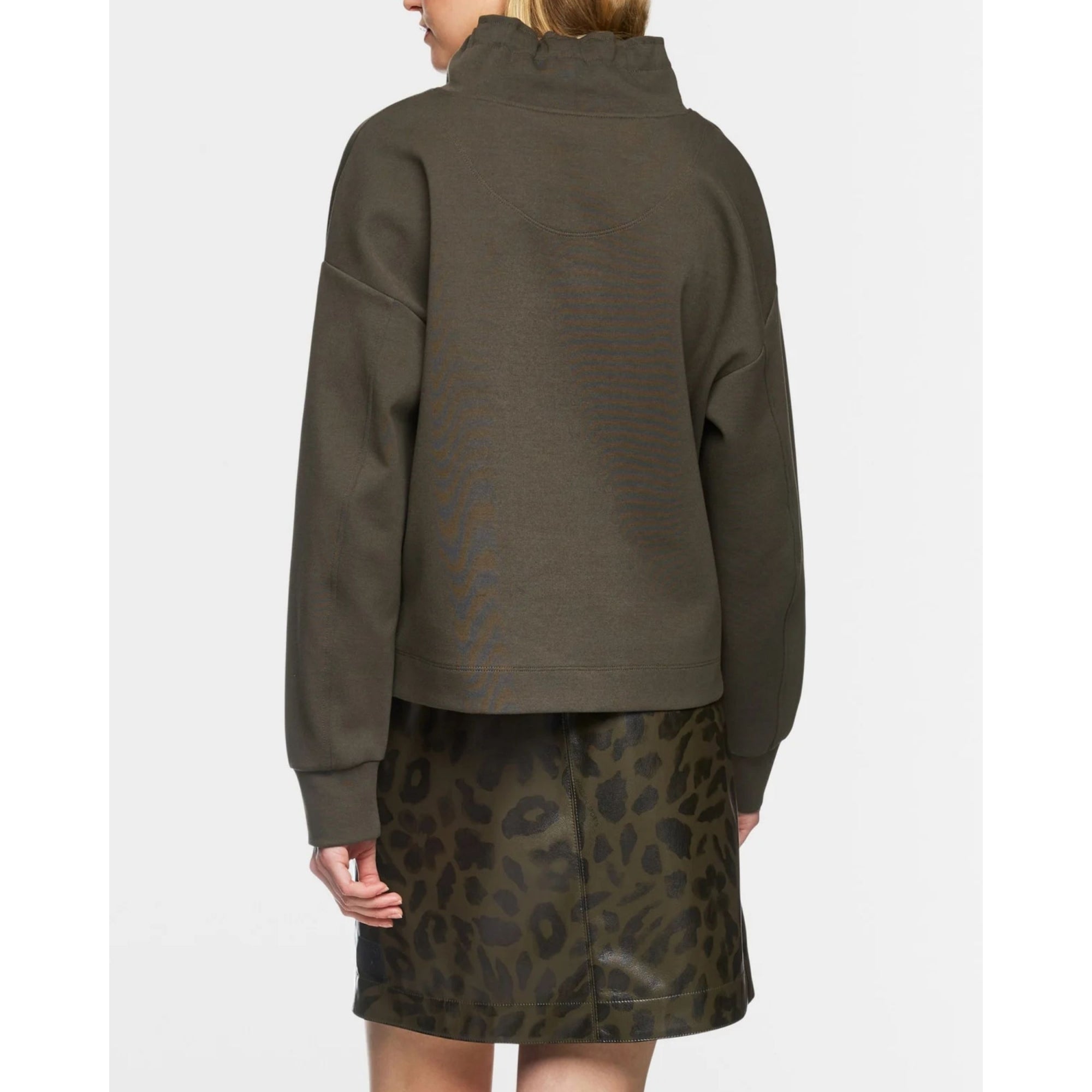 Marc Cain Leo Hike High Neck Leopard Print Front Jumper Khaki