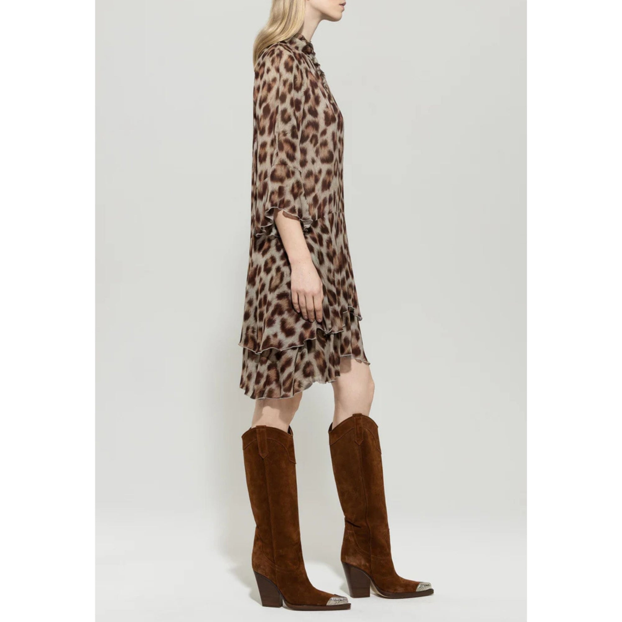 Luisa Cerano Leopard Print Tiered Chiffon Dress Multi