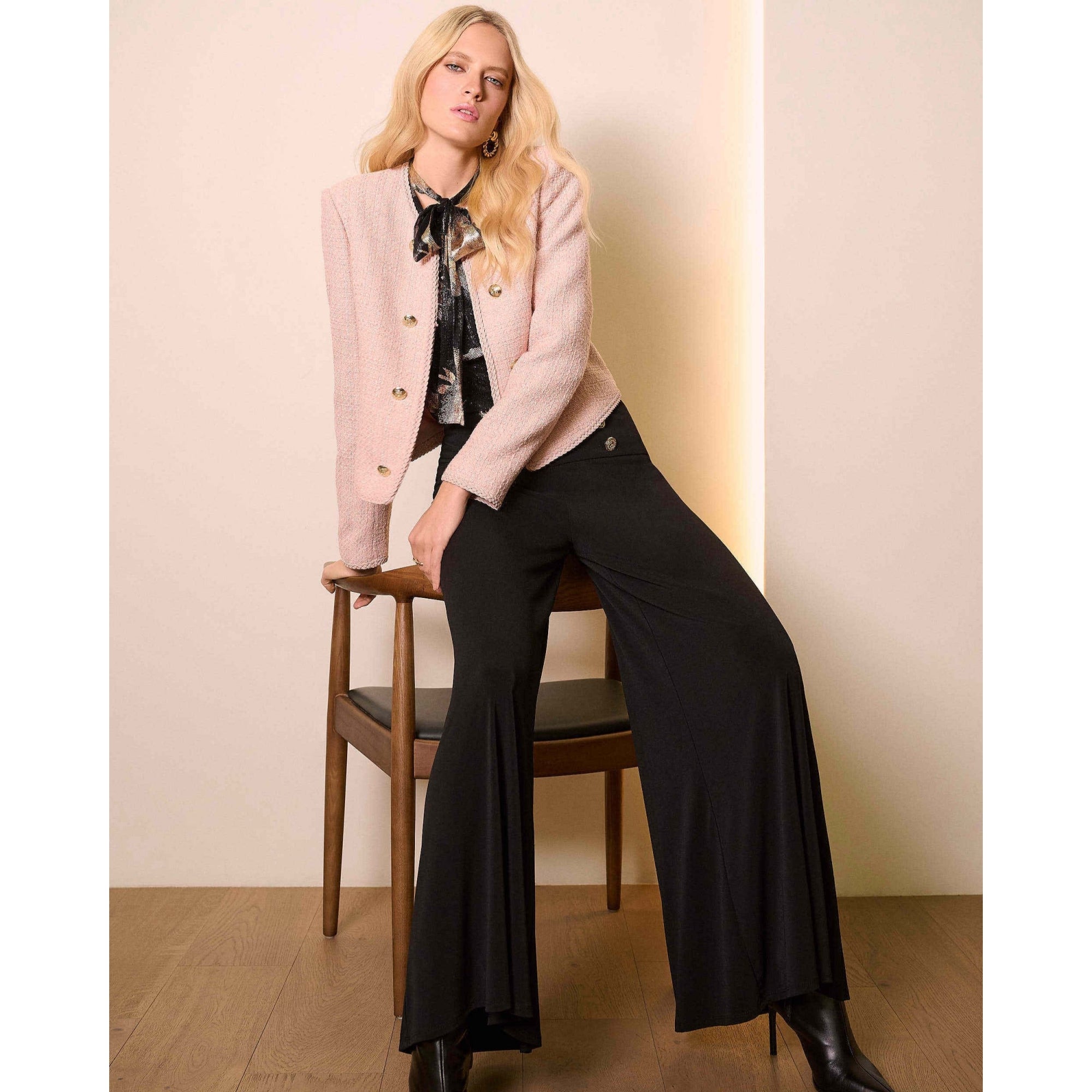 Joseph Ribkoff Crepe Knit Wide Leg Trousers With Button Waist Black