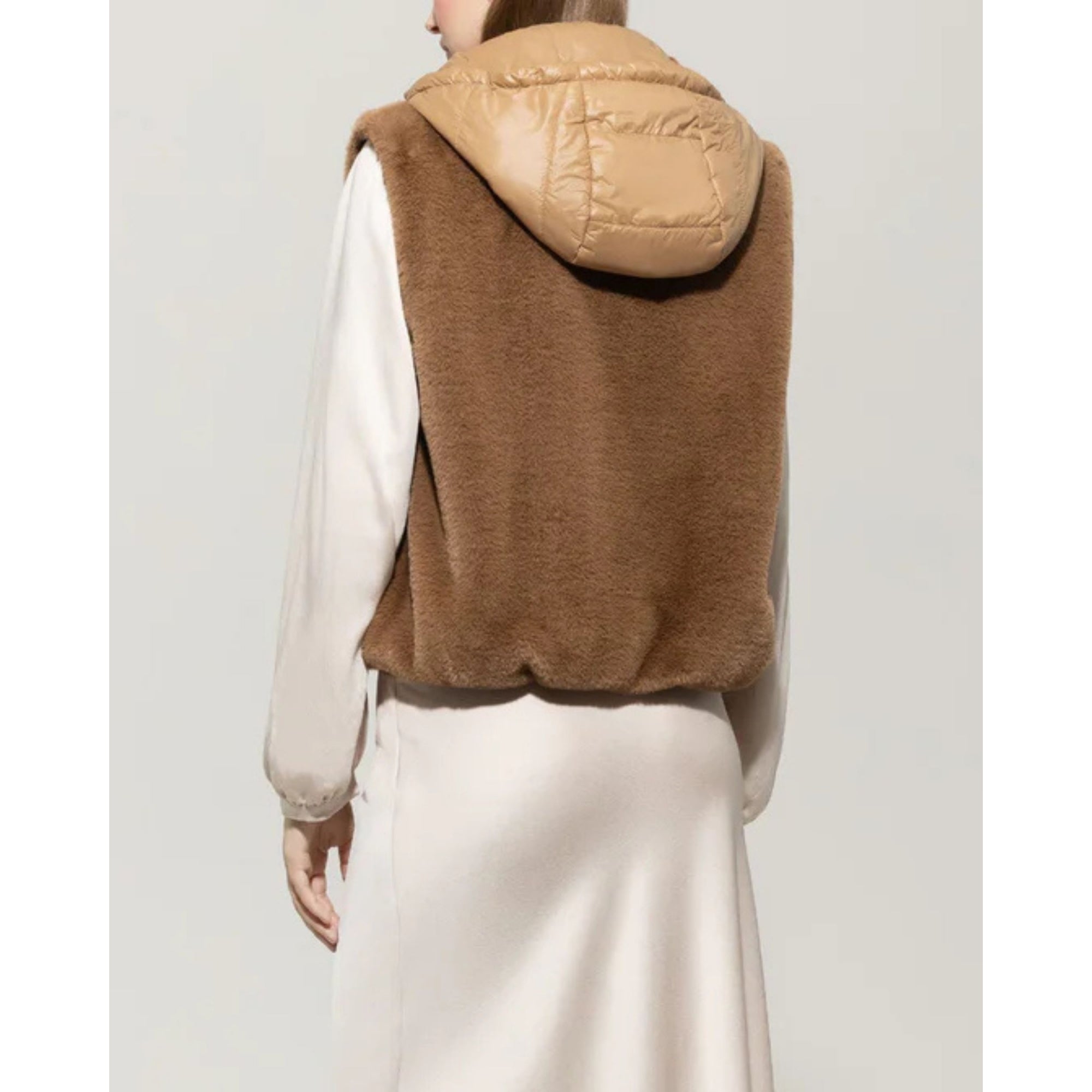 Luisa Cerano Faux Fur Cropped Gilet With Quilted Hood Light Walnut