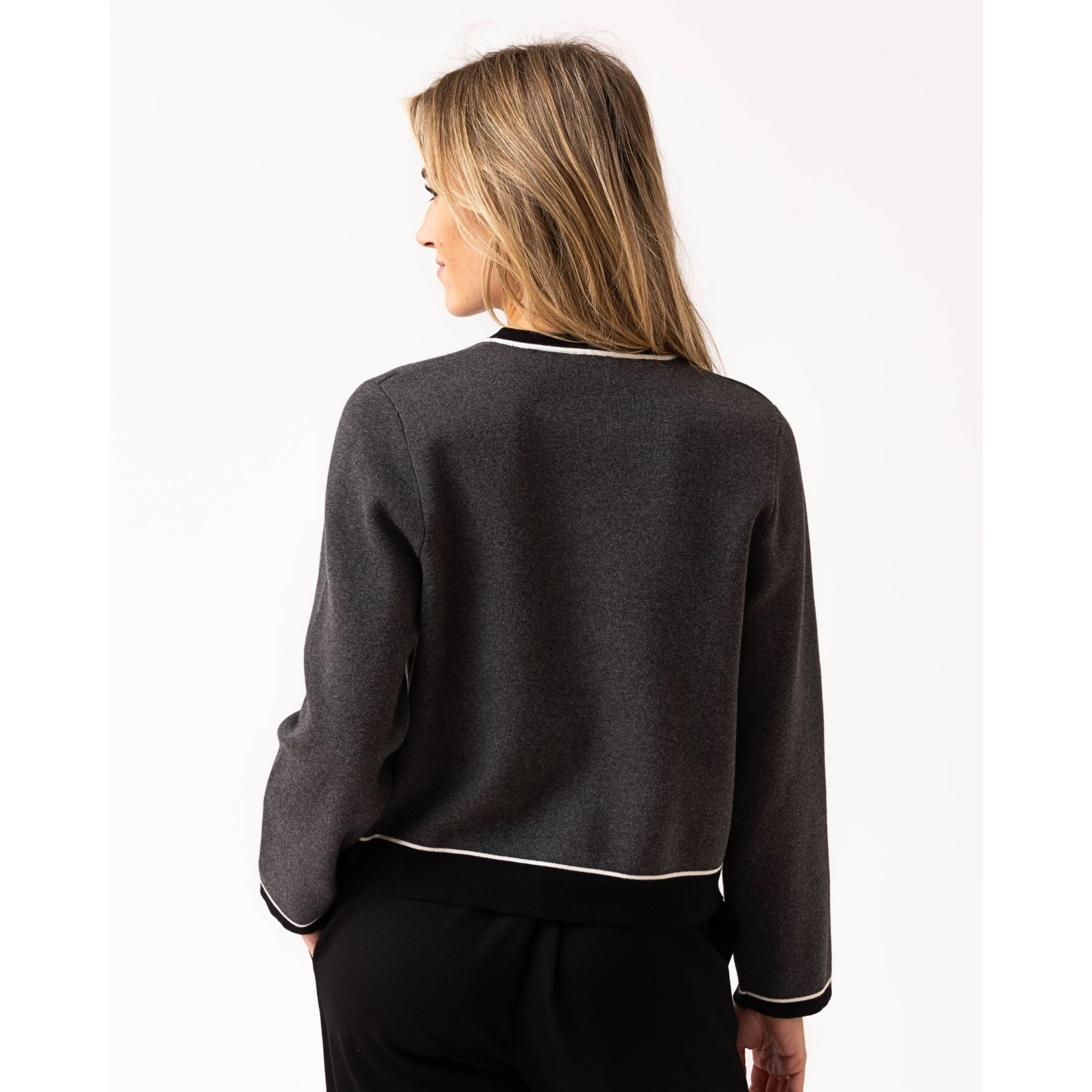 Marble Fashions Round Neck Contrast Trim Cardigan Charcoal/white 105