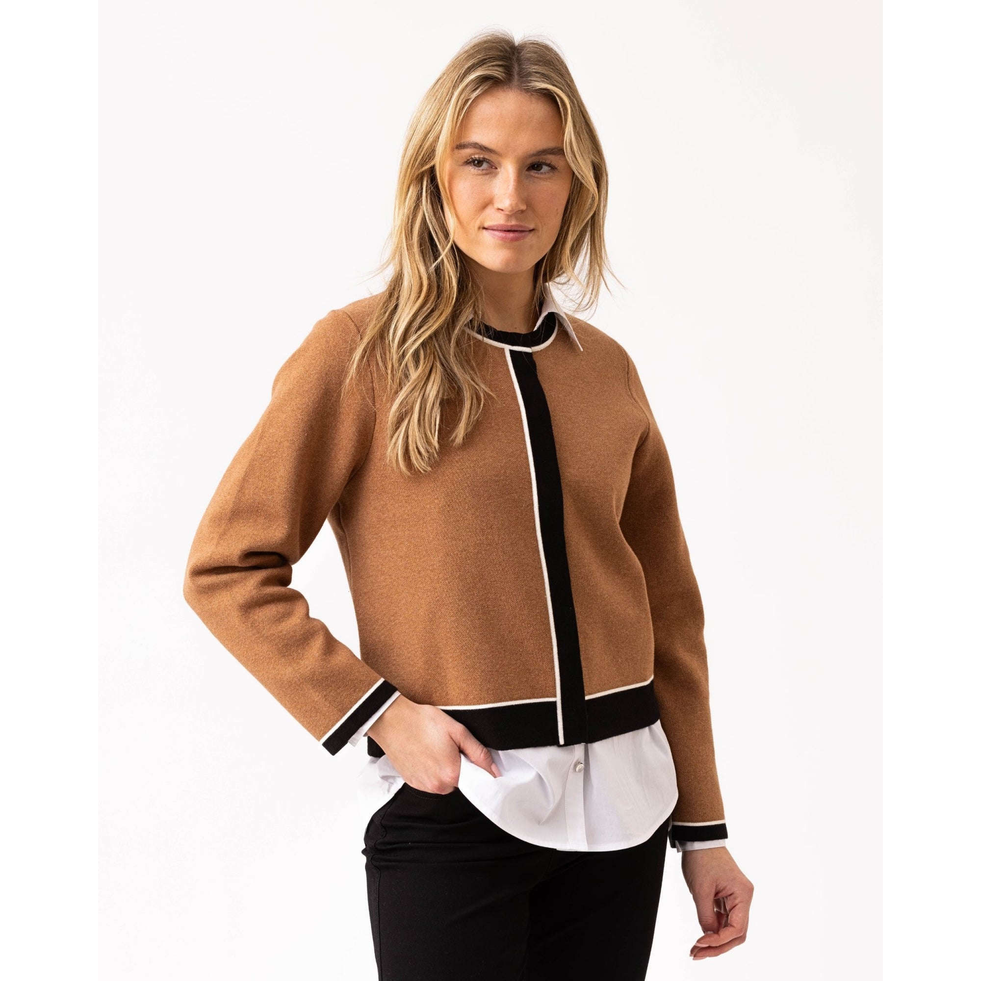 Marble Fashions Round Neck Contrast Trim Cardigan Camel/black 208