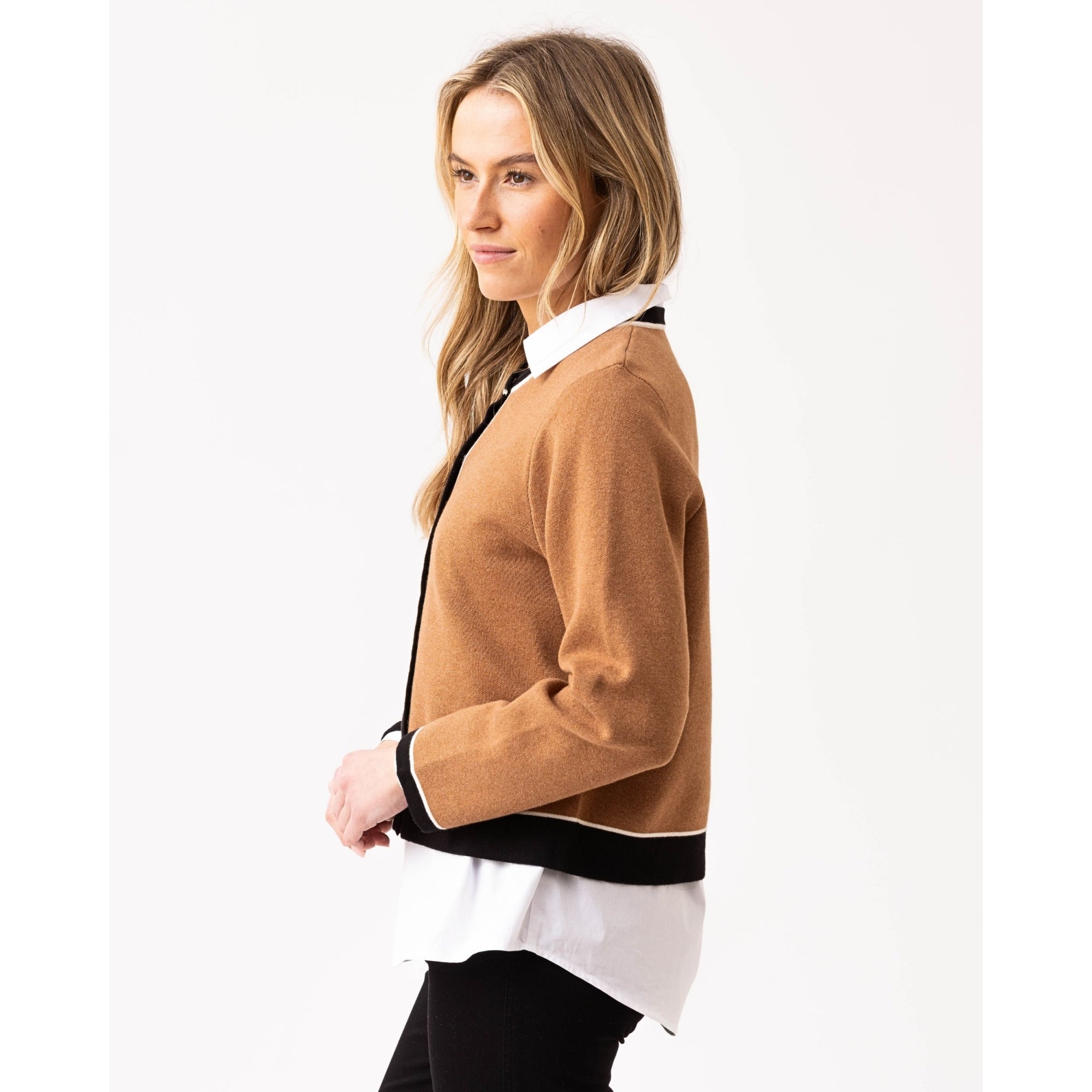 Marble Fashions Round Neck Contrast Trim Cardigan Camel/black 208