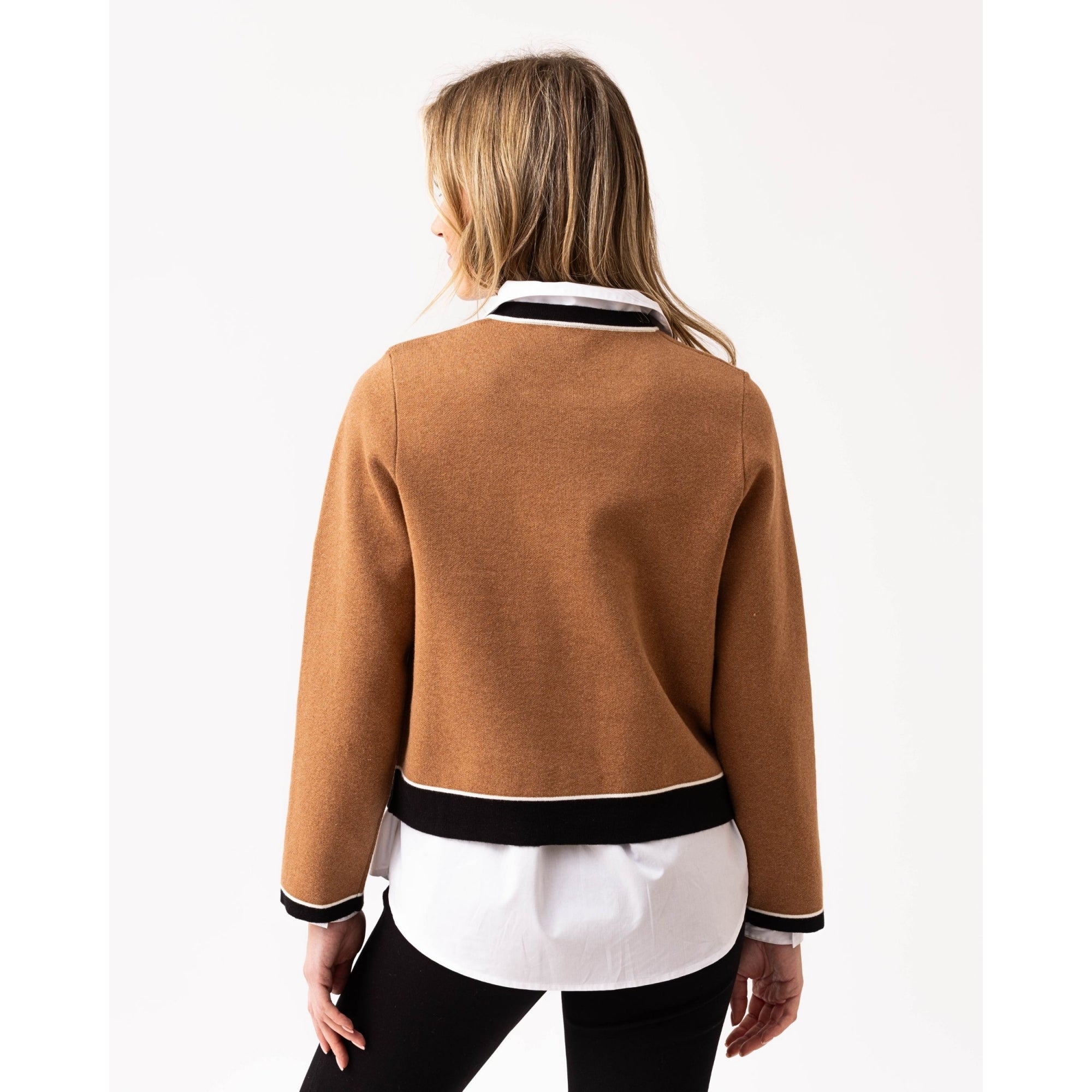 Marble Fashions Round Neck Contrast Trim Cardigan Camel/black 208