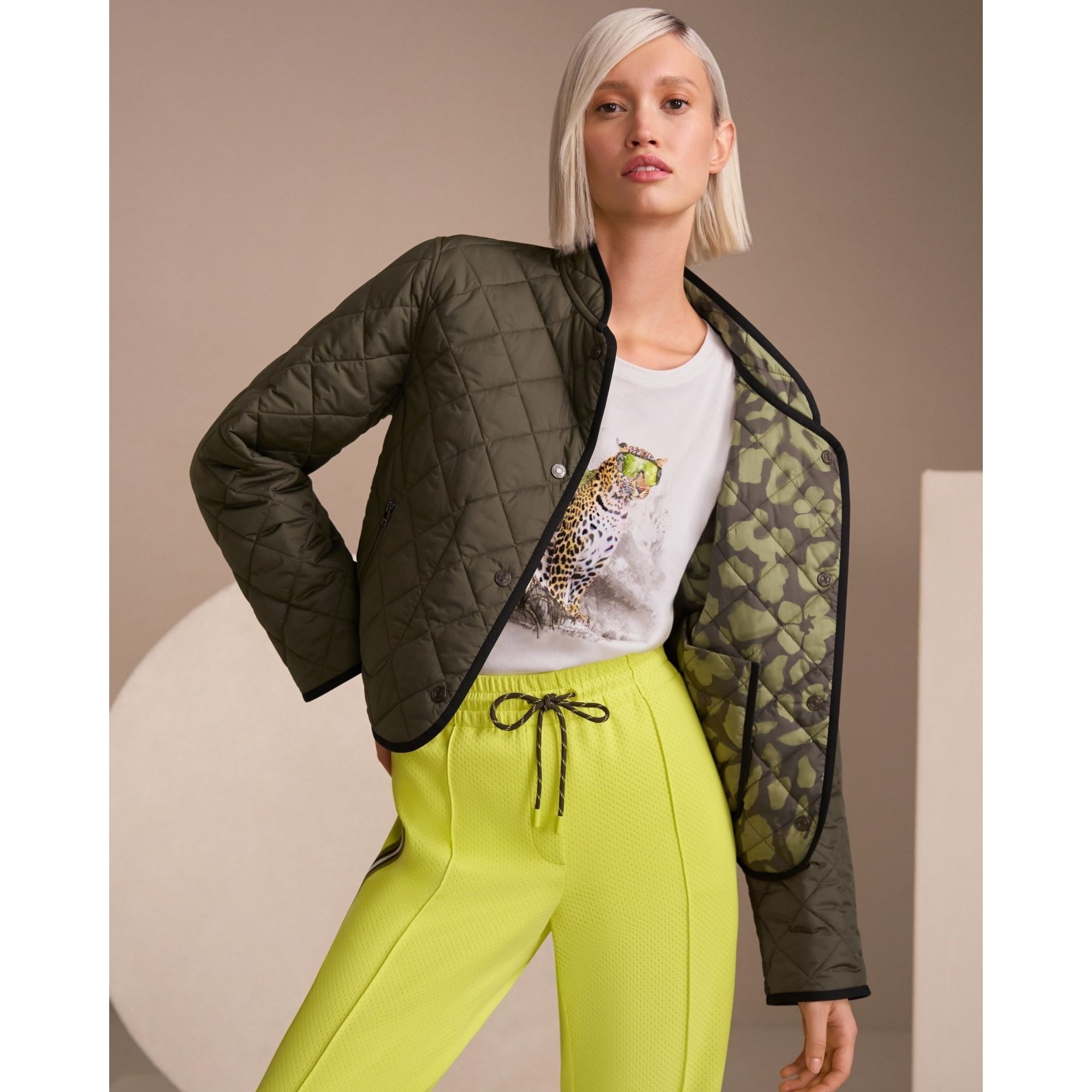 Marc Cain Leo Hike Rethink Together Leopard Print Reversible Jacket Olive