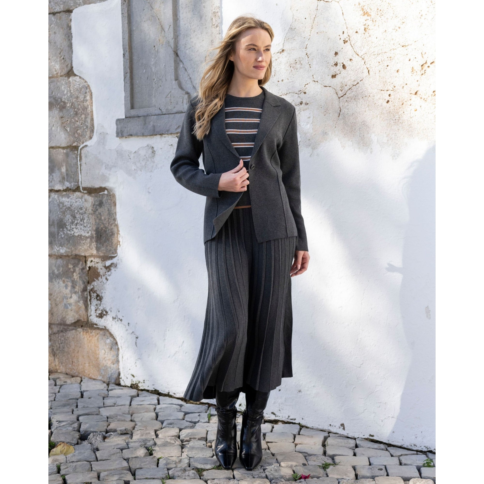 Marble Fashions Knitted One Button Lapel Jacket Charcoal