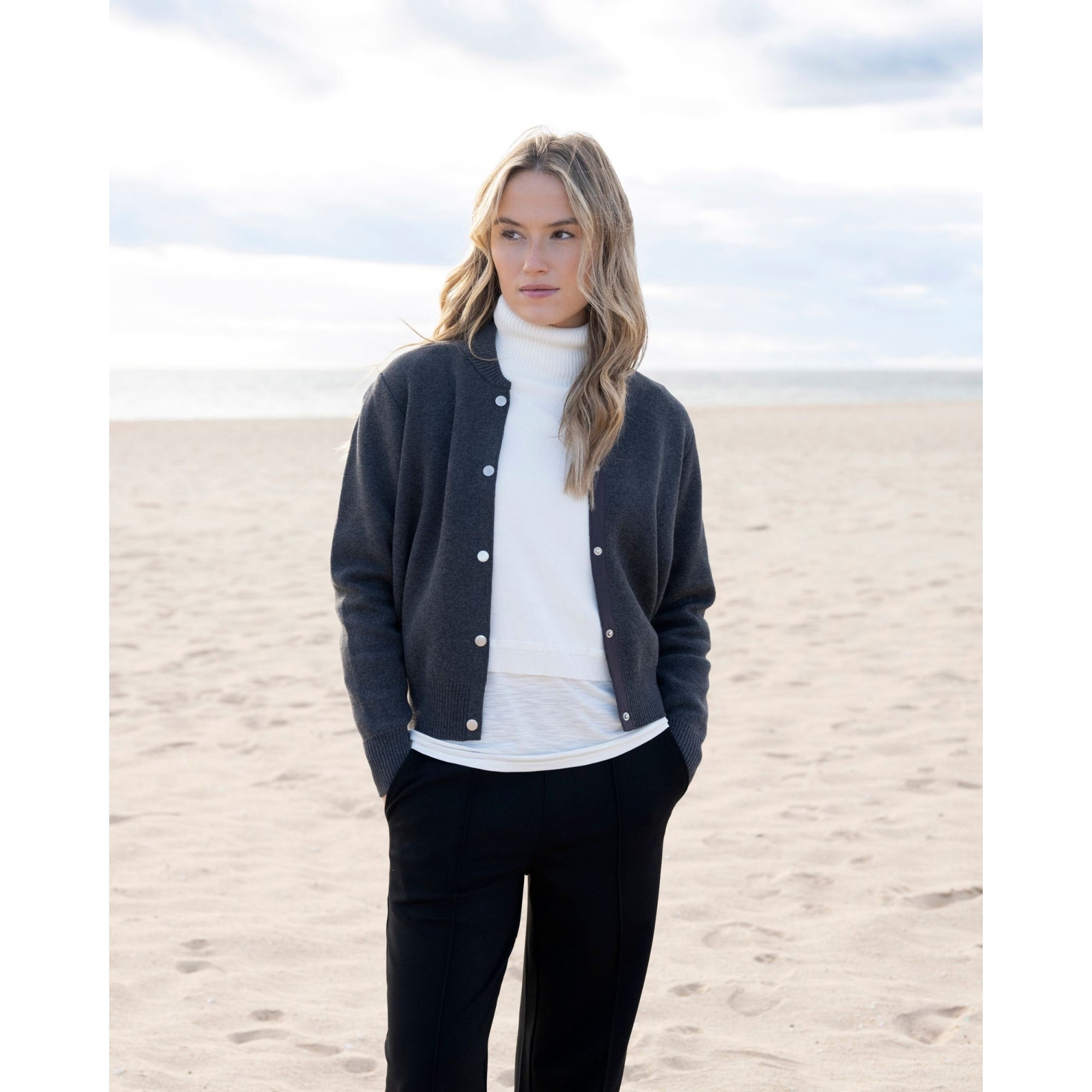 Marble Fashions Knitted Bomber Jacket With Rib Trim Charcoal 105