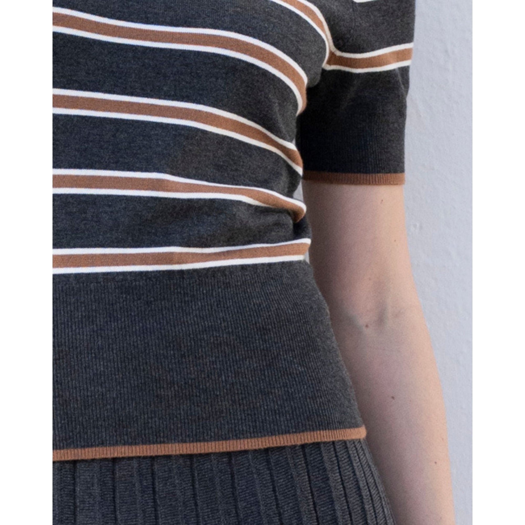 Marble Fashions Short Sleeve Stripe Knitted Top Grey/camel 105