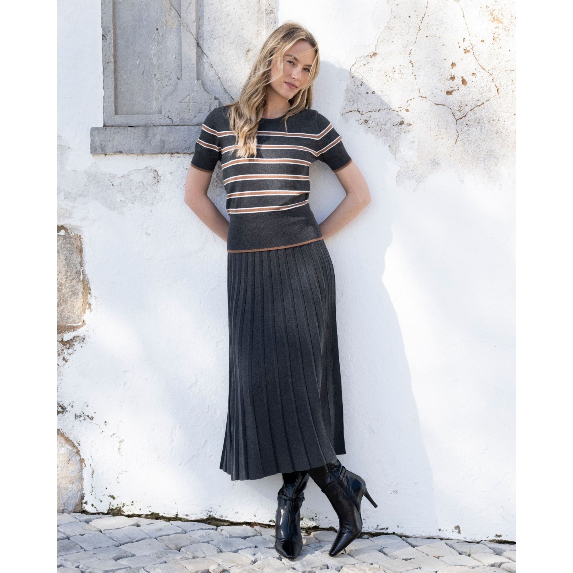 Marble Fashions Short Sleeve Stripe Knitted Top Grey/camel 105