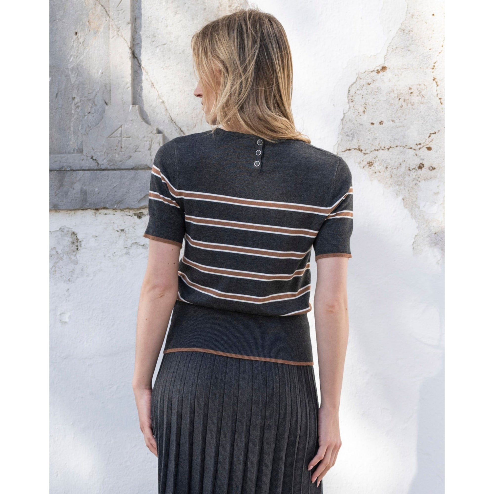 Marble Fashions Short Sleeve Stripe Knitted Top Grey/camel 105