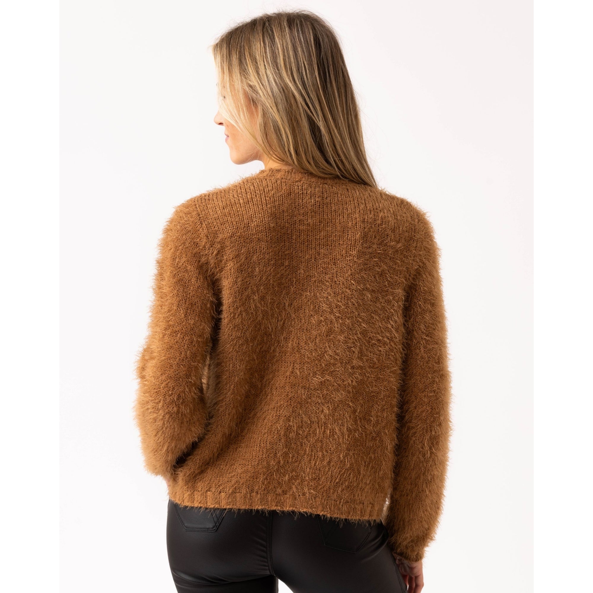Marble Fashions Fluffy Crew Neck Cardigan Camel
