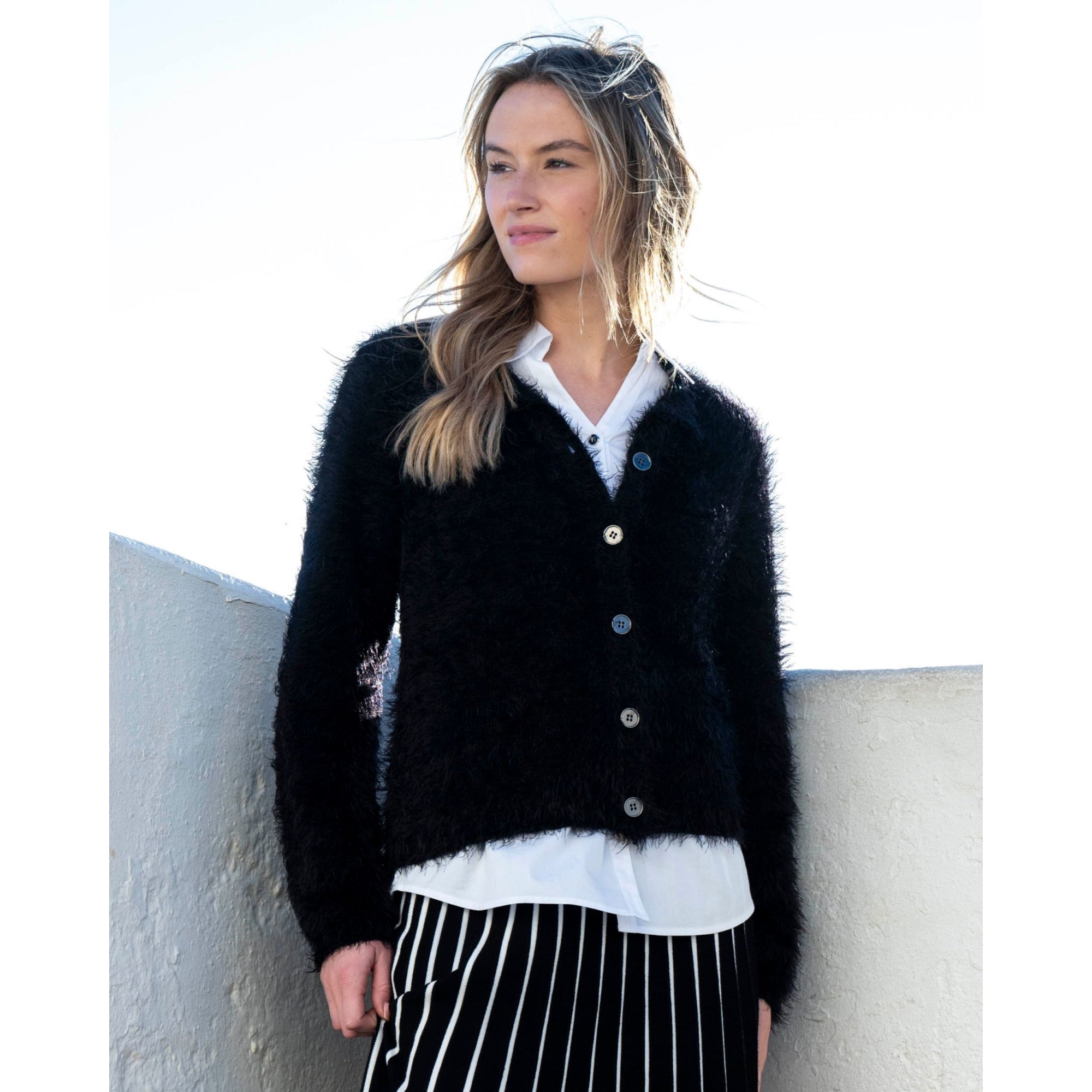 Marble Fashions Fluffy Crew Neck Cardigan Black