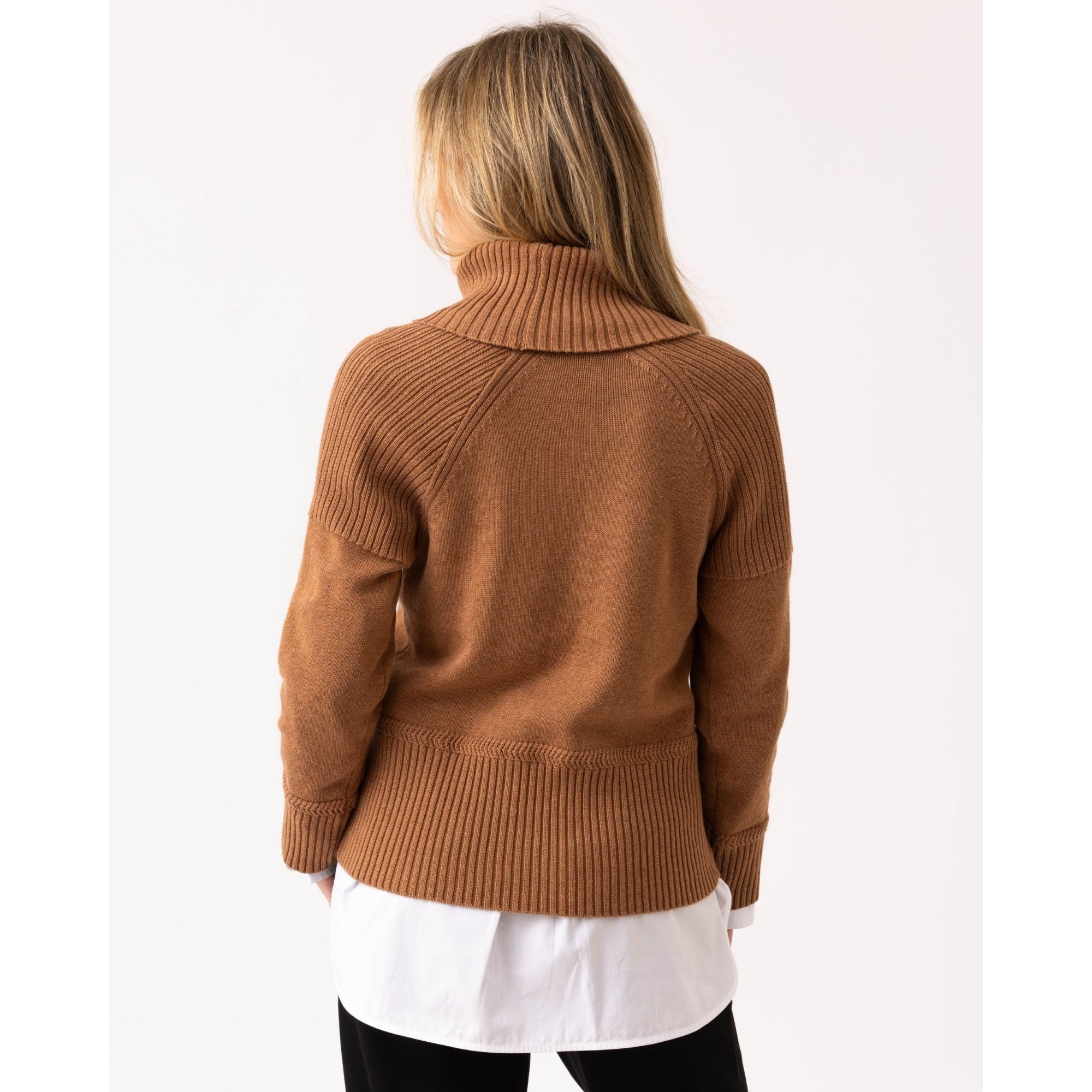 Marble Fashions Fitted Roll Neck Ribbed Trim Jumper Camel 208