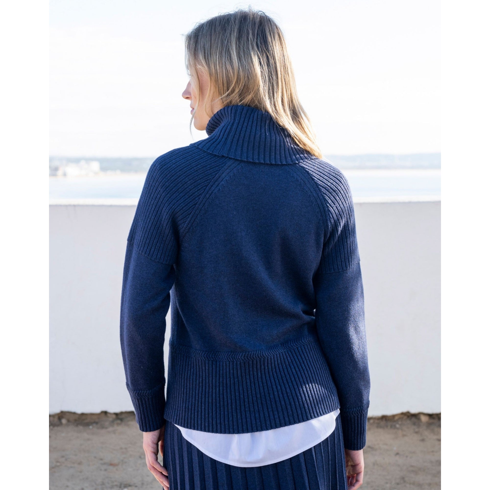 Marble Fashions Fitted Roll Neck Ribbed Trim Jumper Navy 103