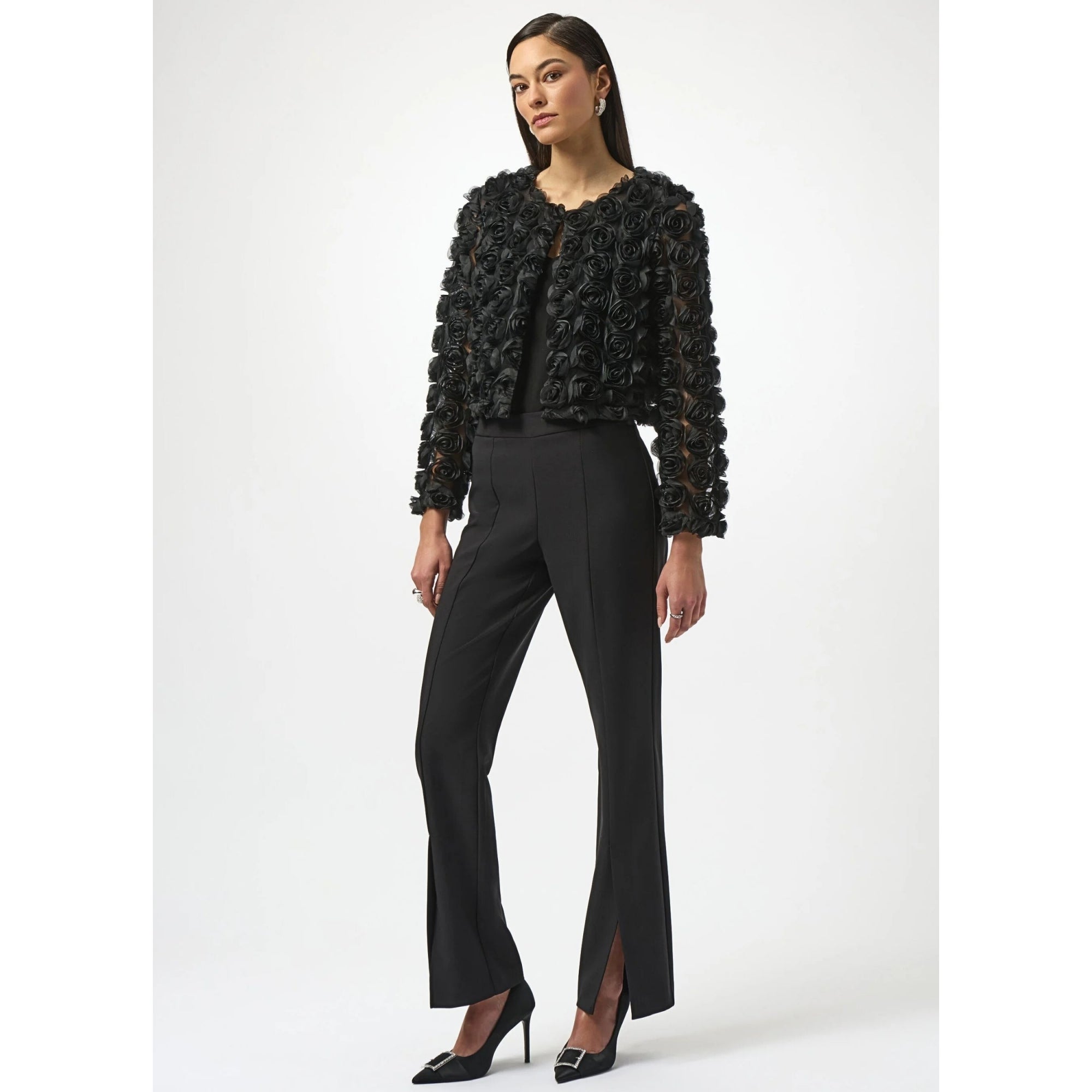 Joseph Ribkoff Rosette Embroidered Cropped Jacket Black