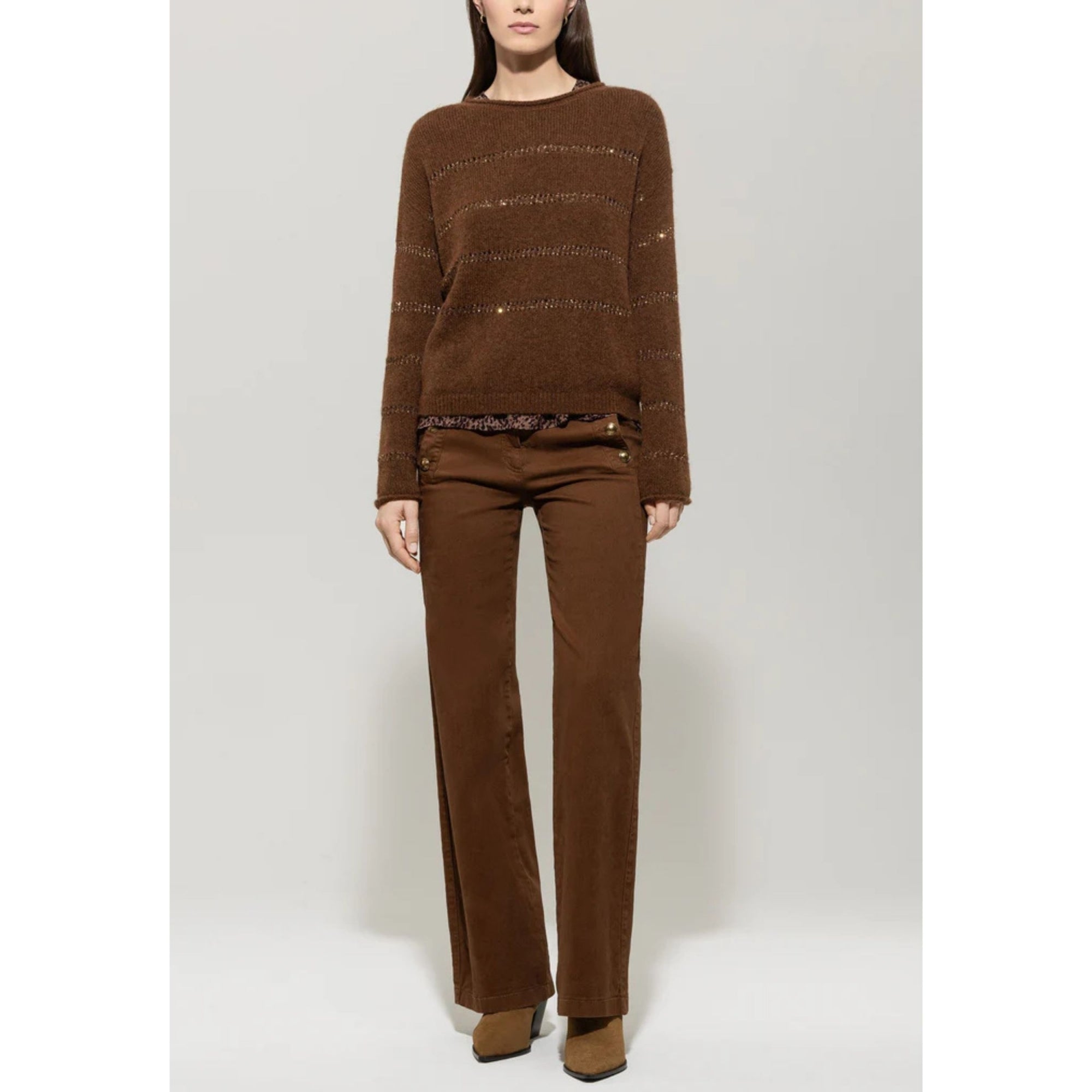 Luisa Cerano Twill Denim Button Pocket Flared Jeans Walnut