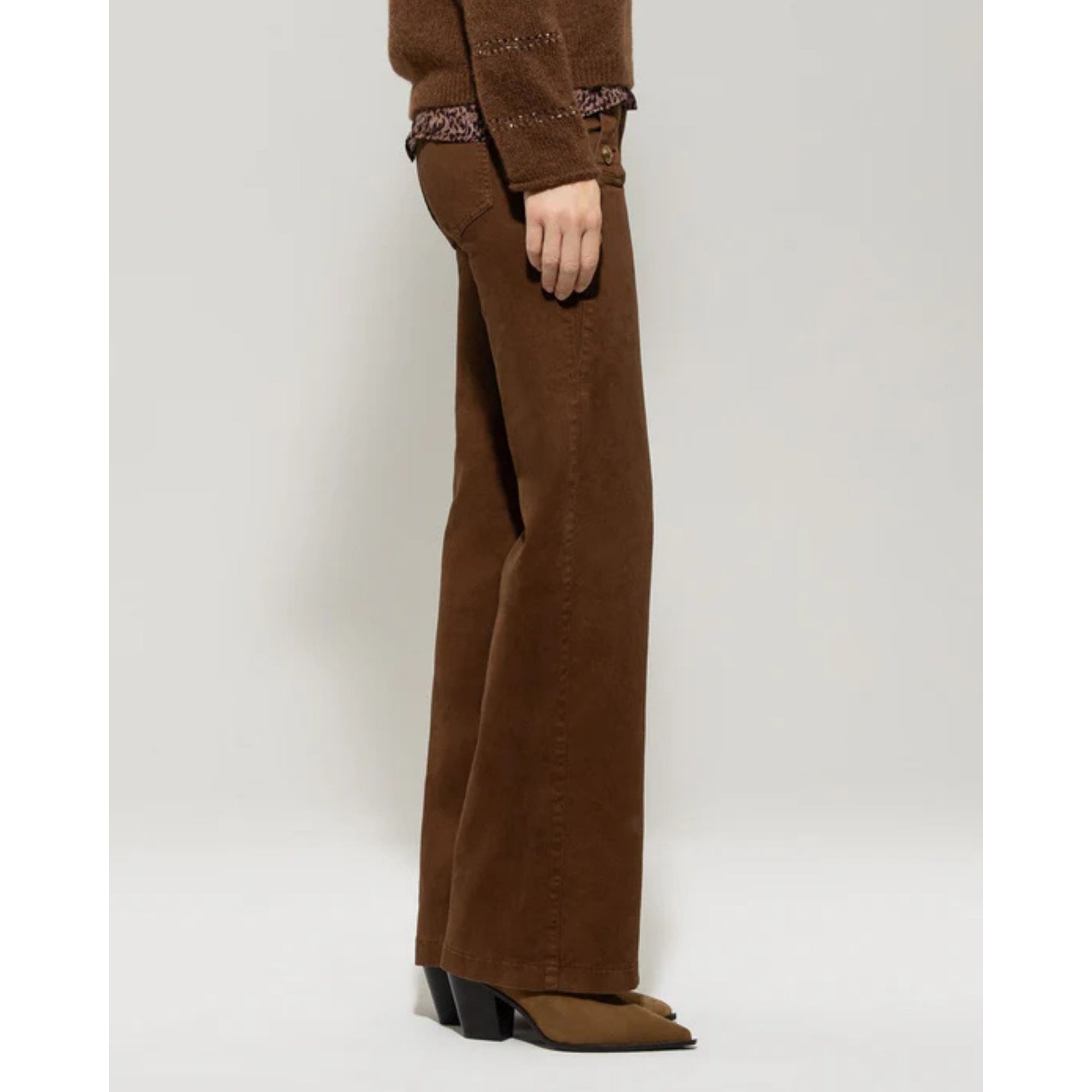 Luisa Cerano Twill Denim Button Pocket Flared Jeans Walnut