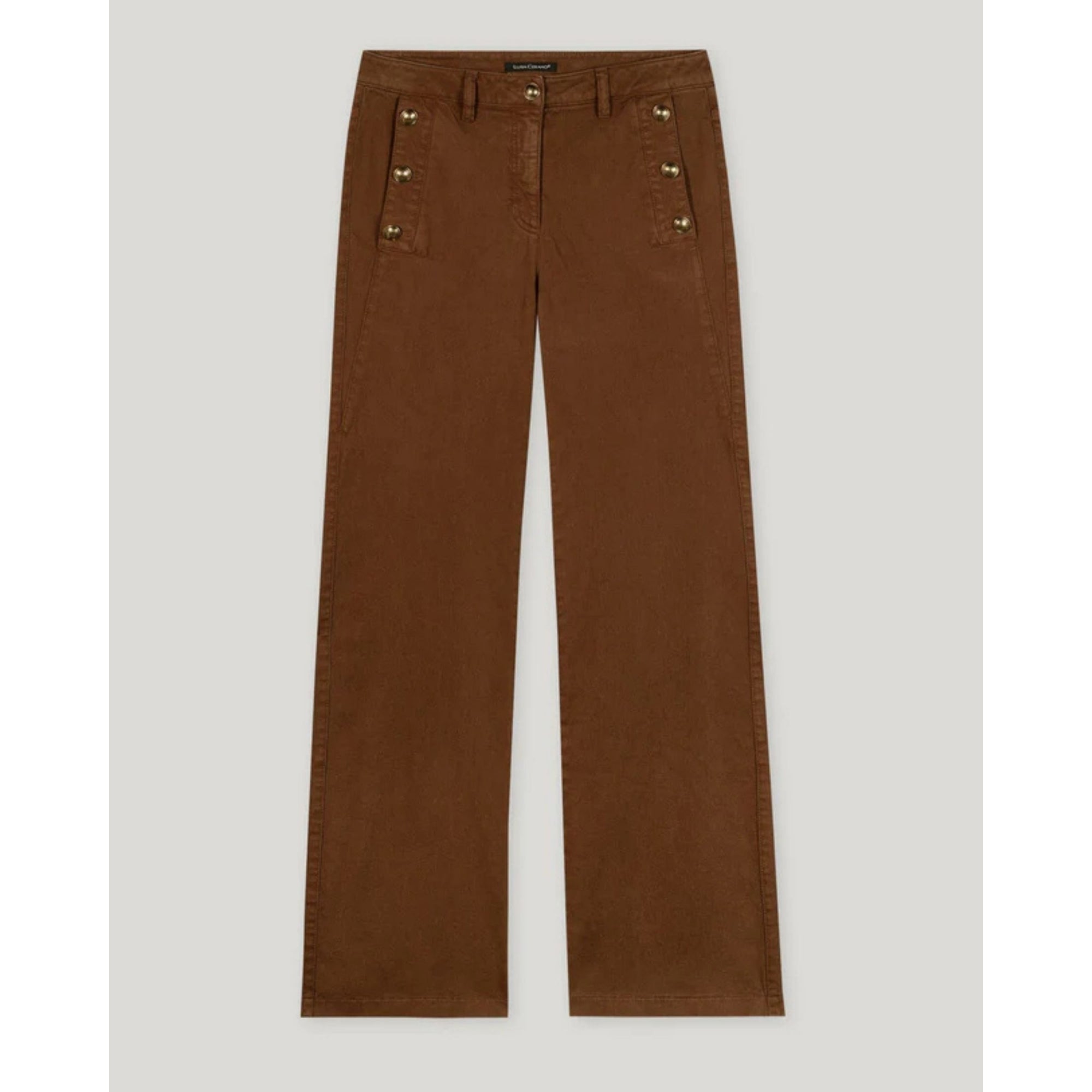 Luisa Cerano Twill Denim Button Pocket Flared Jeans Walnut