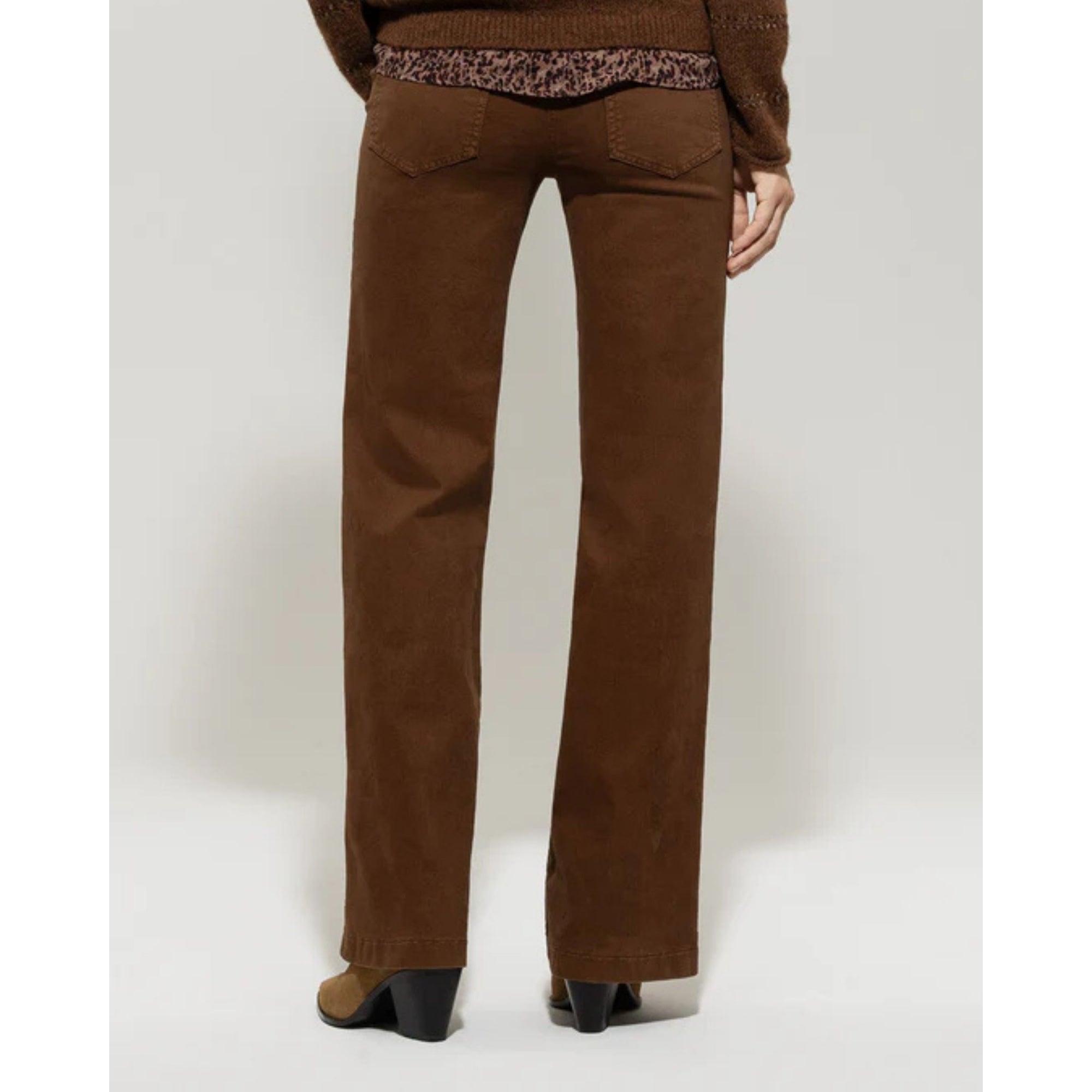 Luisa Cerano Twill Denim Button Pocket Flared Jeans Walnut