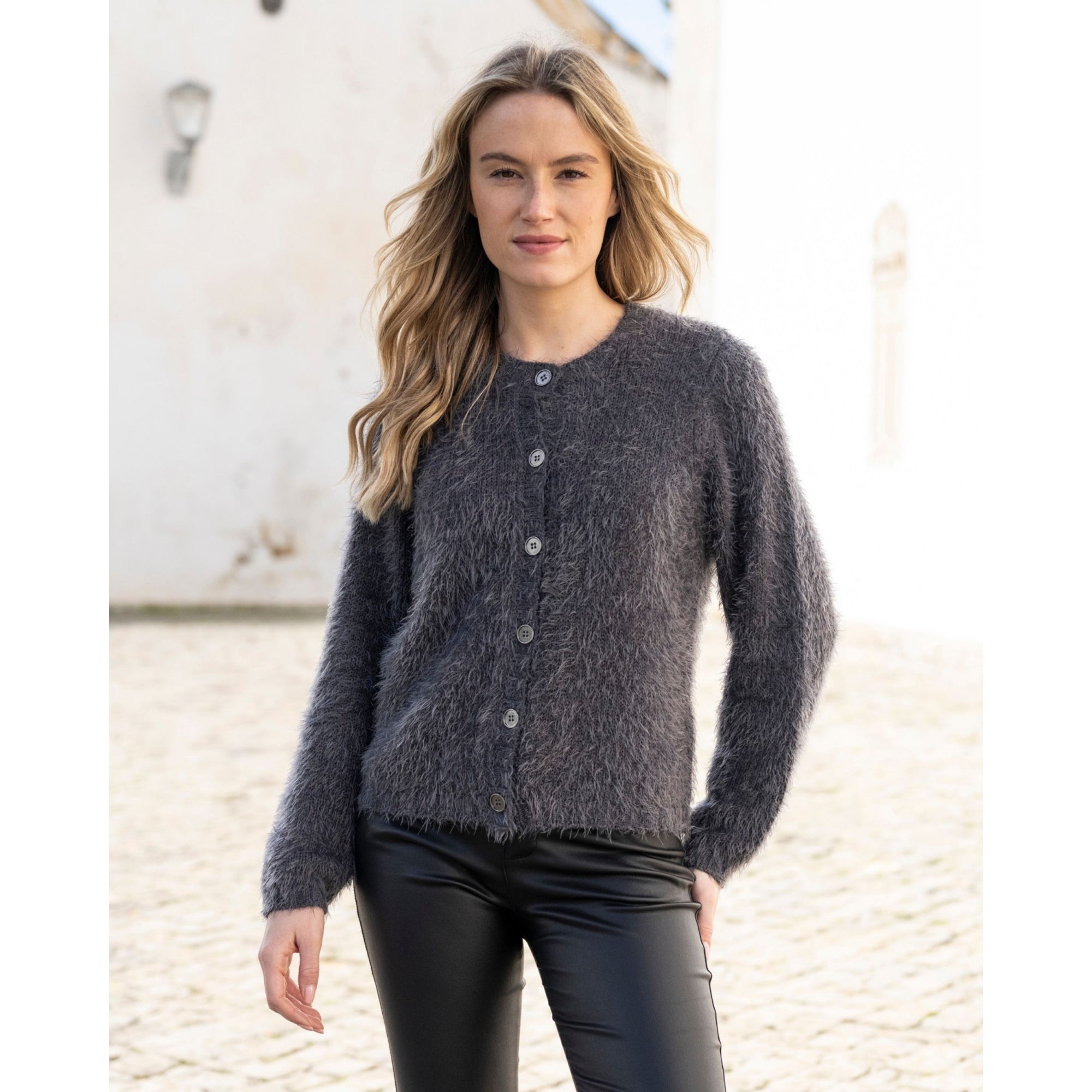 Marble Fashions Fluffy Crew Neck Cardigan Charcoal 105
