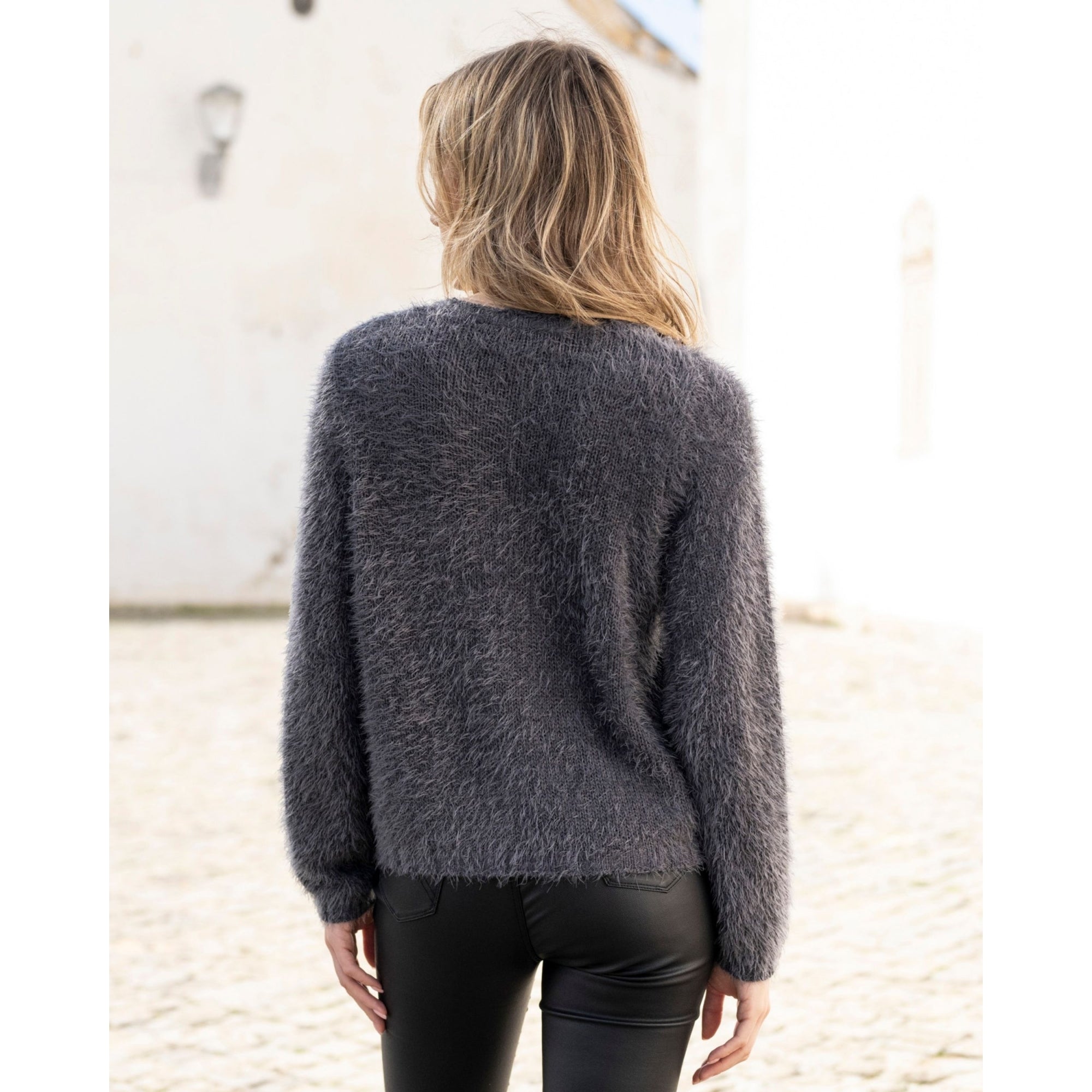 Marble Fashions Fluffy Crew Neck Cardigan Charcoal 105