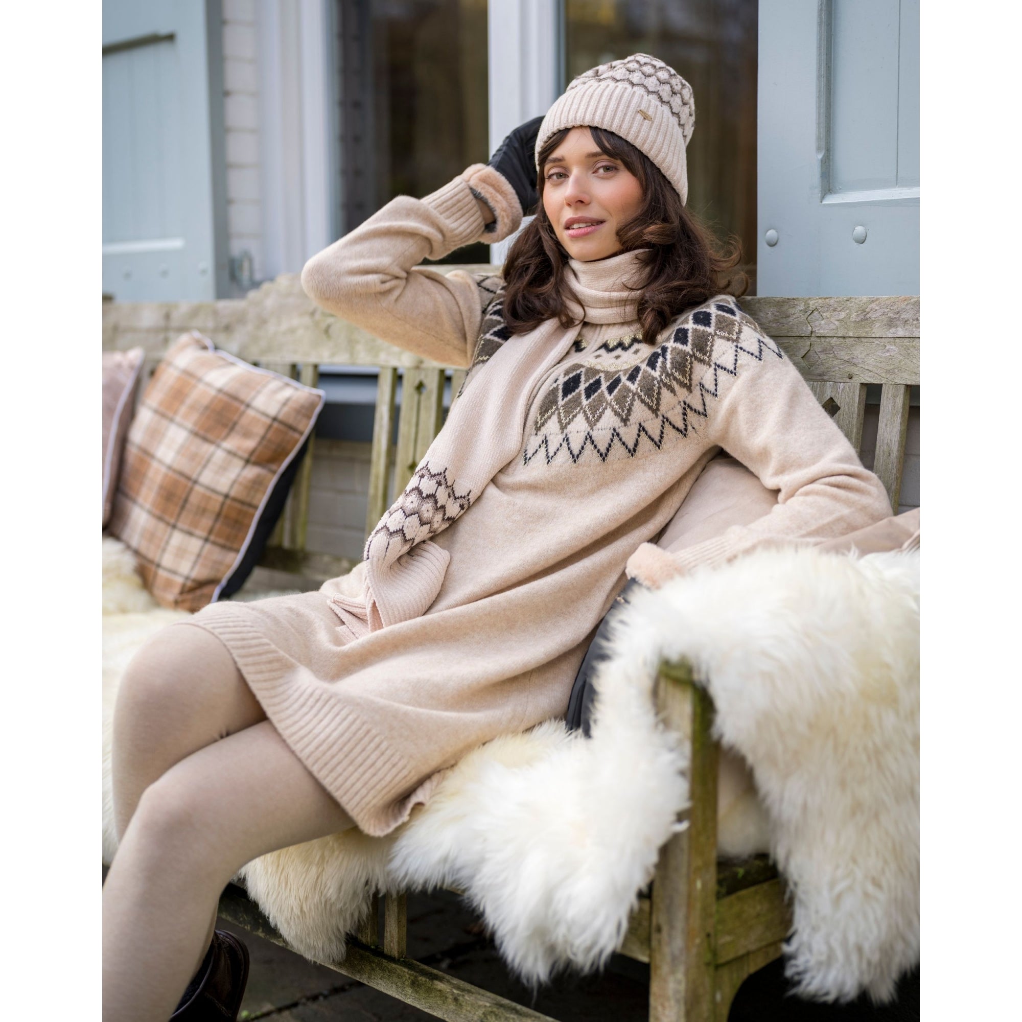 Hv Society Nurya Fair Isle Knit Dress With Zip Neck Beige Marl