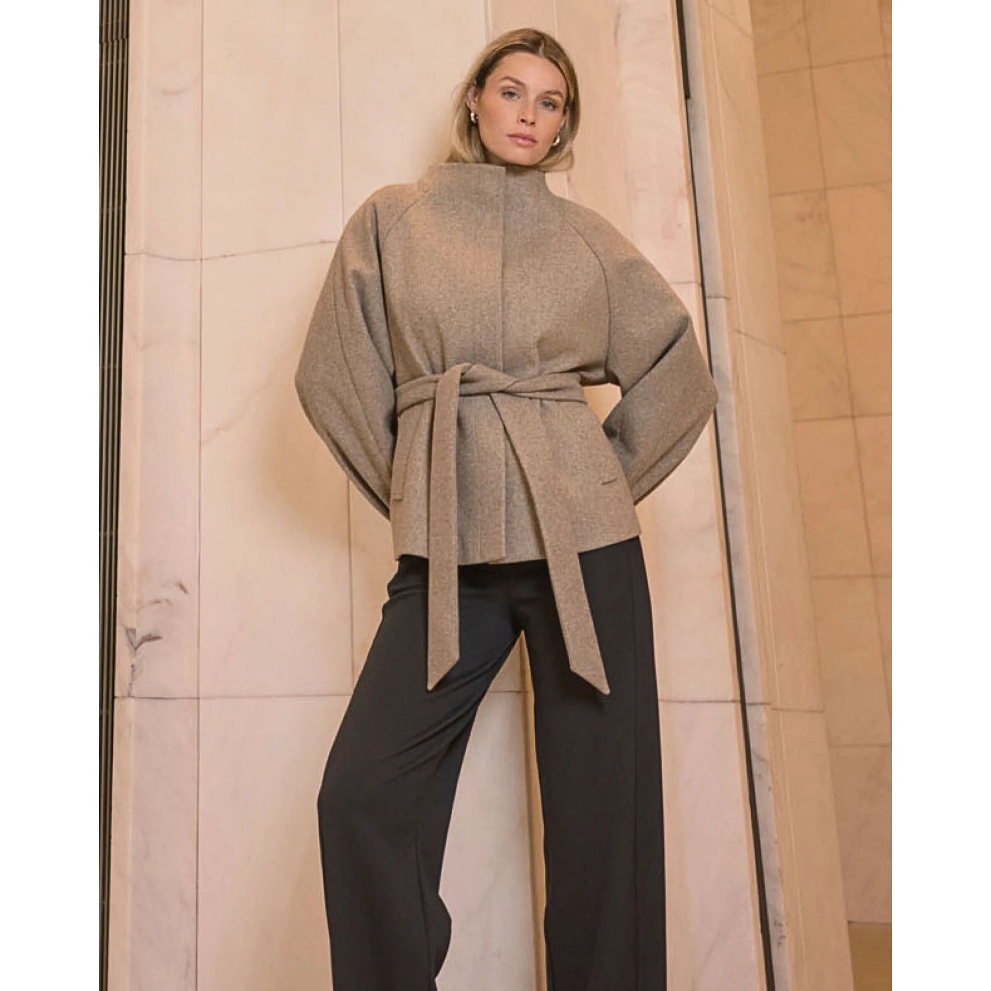 Rino & Pelle Cornelia Collarless Coat Jacket With Tie Belt Toffee Melange