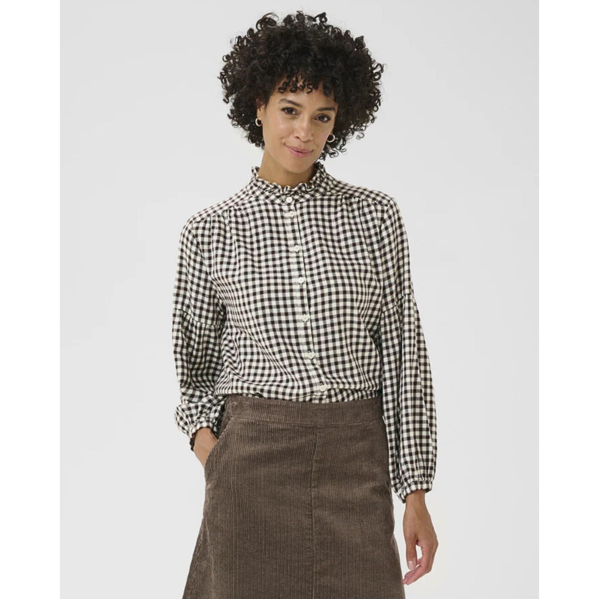 Part Two Samilla Gingham Frill Neck Blouse With Balloon Sleeve Brown/ecru