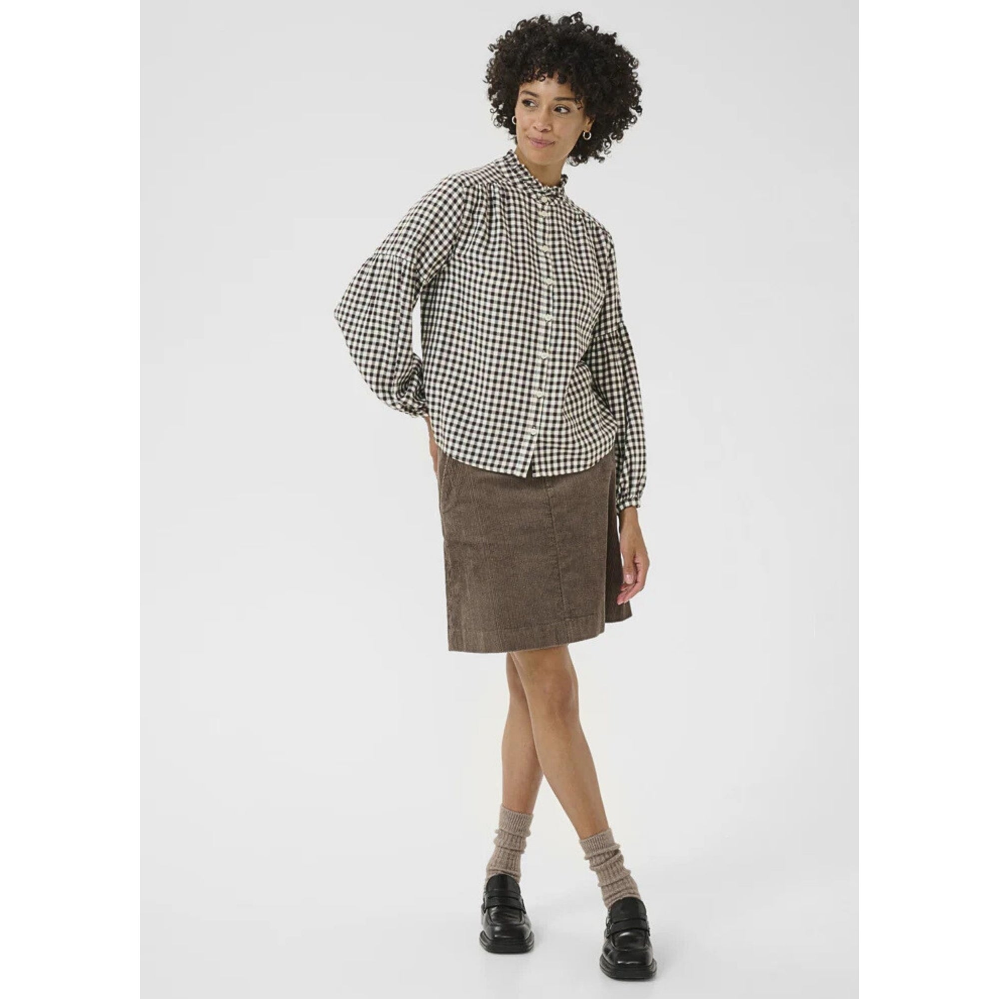Part Two Samilla Gingham Frill Neck Blouse With Balloon Sleeve Brown/ecru